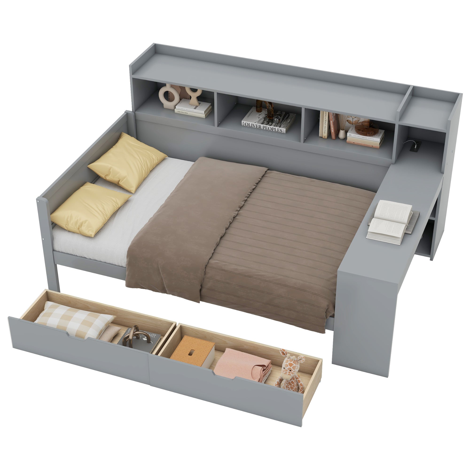 Logidon slaapbank 90x200 grijs USB-poort 2 lades