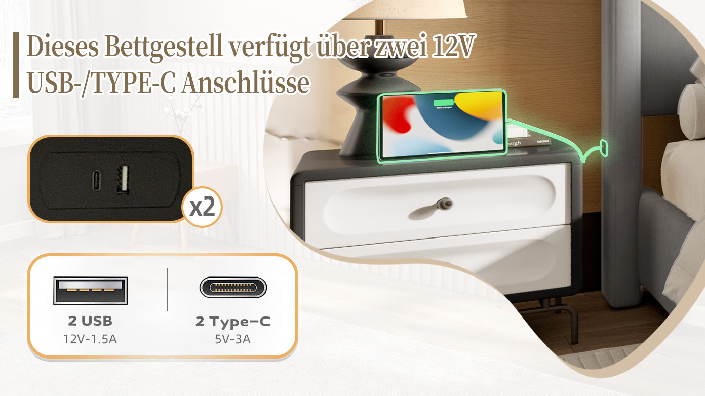 Logidon gestoffeerd bedframe 140x200 cm grijs met USB aansluiting