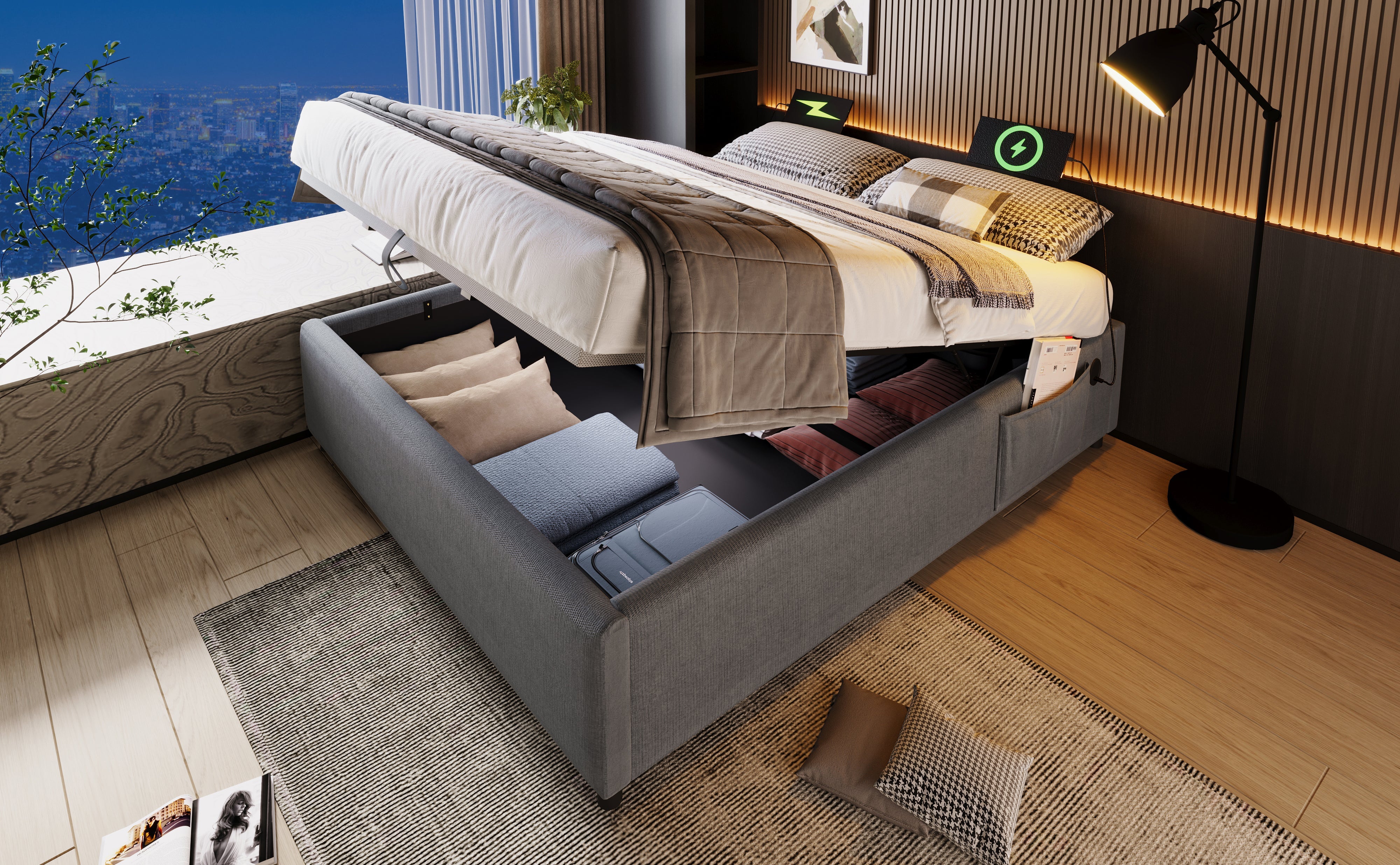 Logidon upholstered bed 160x200 gray with USB C and full-surface slatted frame