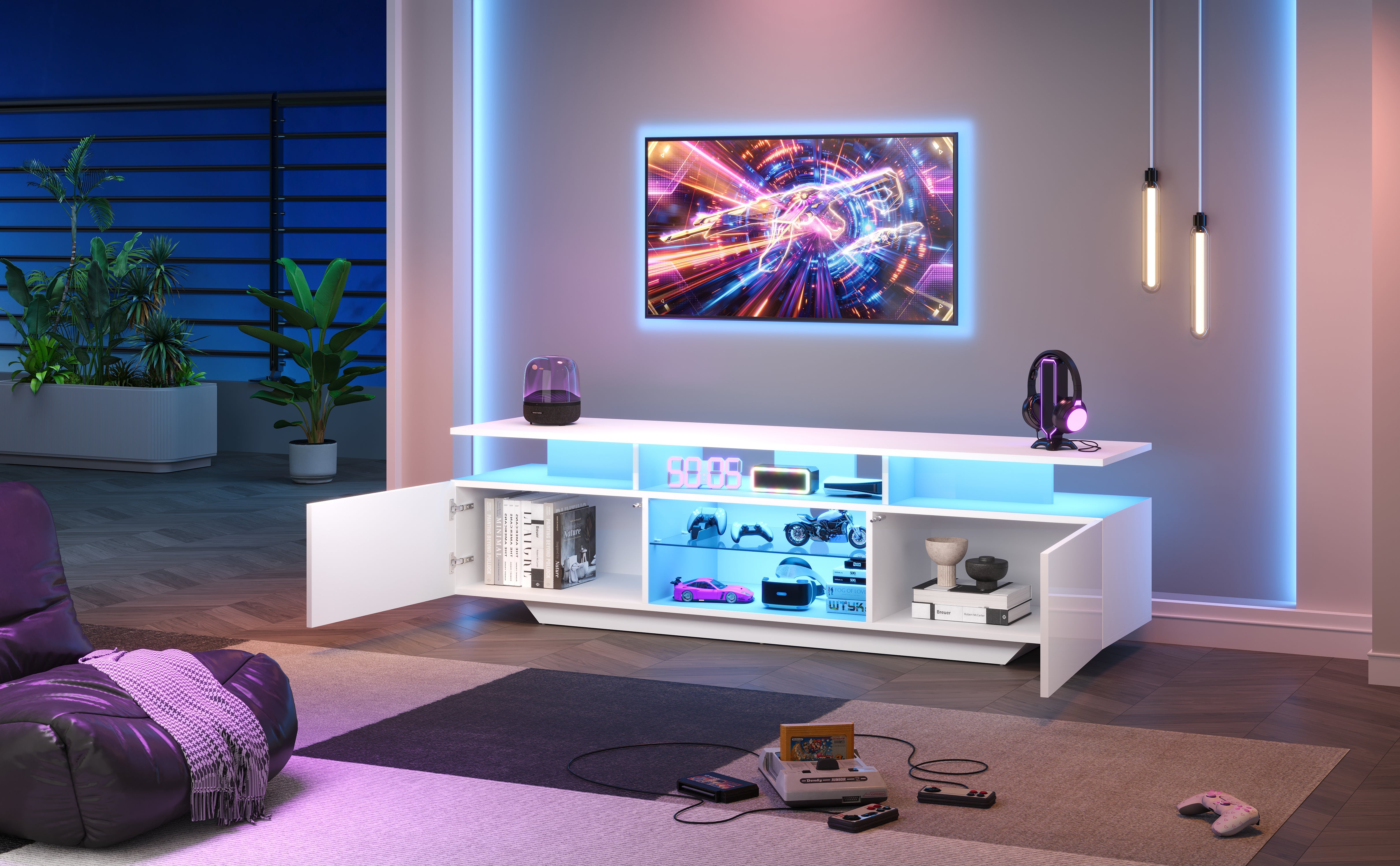 Logidon TV-meubel hoogglans wit 160 x 40 x 45 cm met LED lichtstrip glasplanken