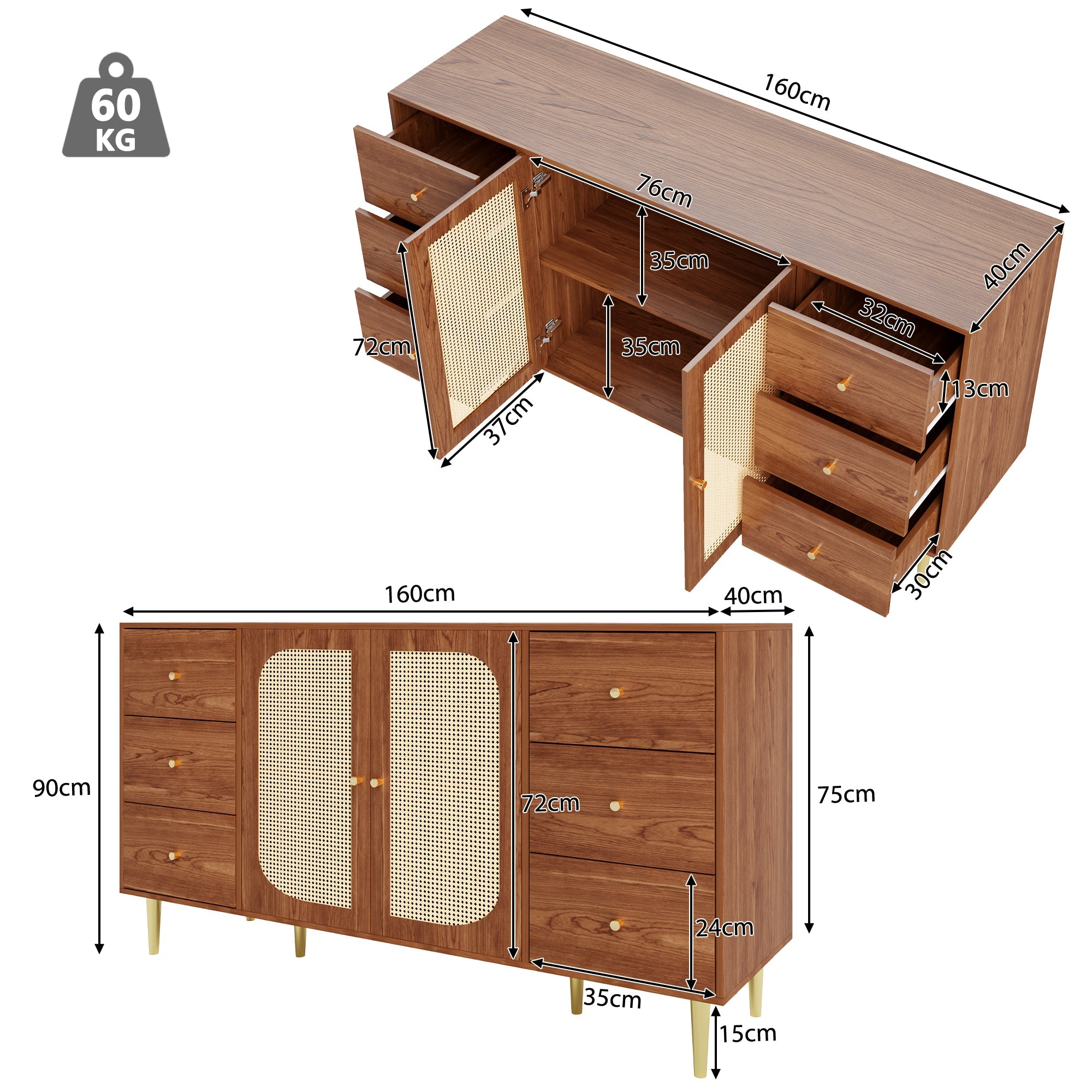 Logidon Rotan Dressoir Bruin 160x40x90 cm met Lade