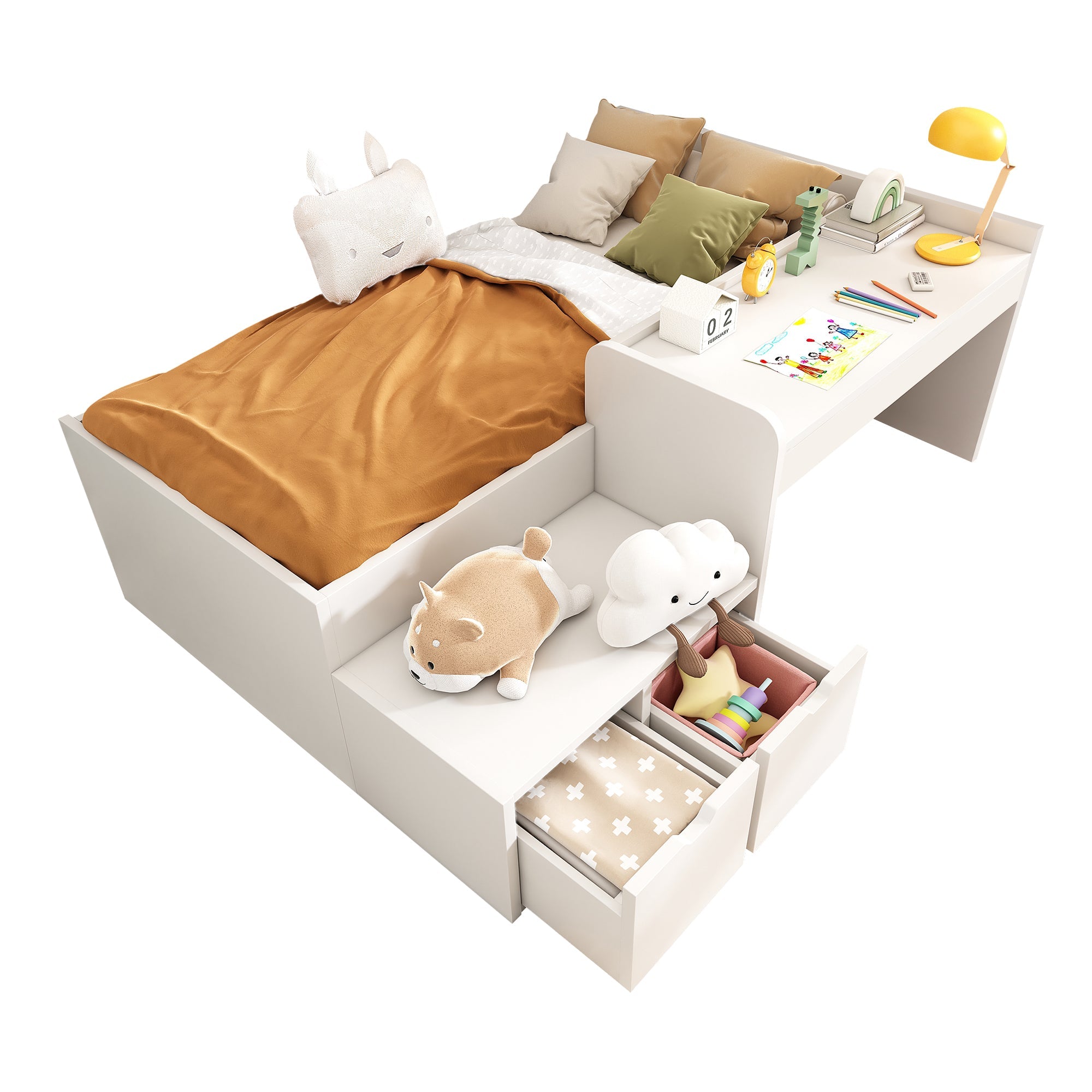 Logidon kinderbed 90x200 massief hout wit met bureau en opbergruimte