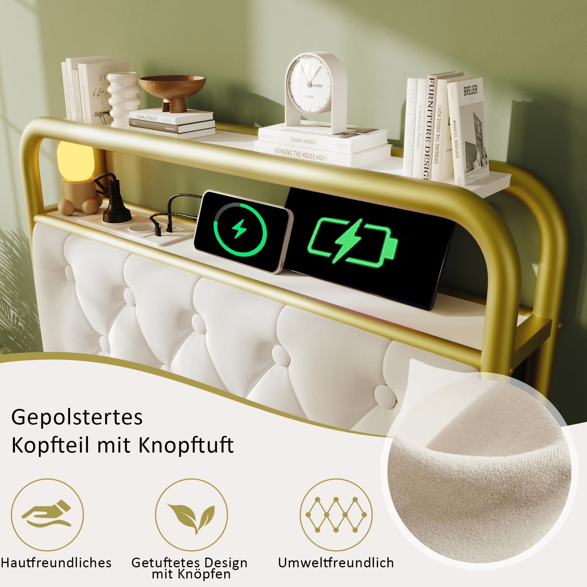 Logidon upholstered bed 90x200 USB C charging function LED white velvet drawers