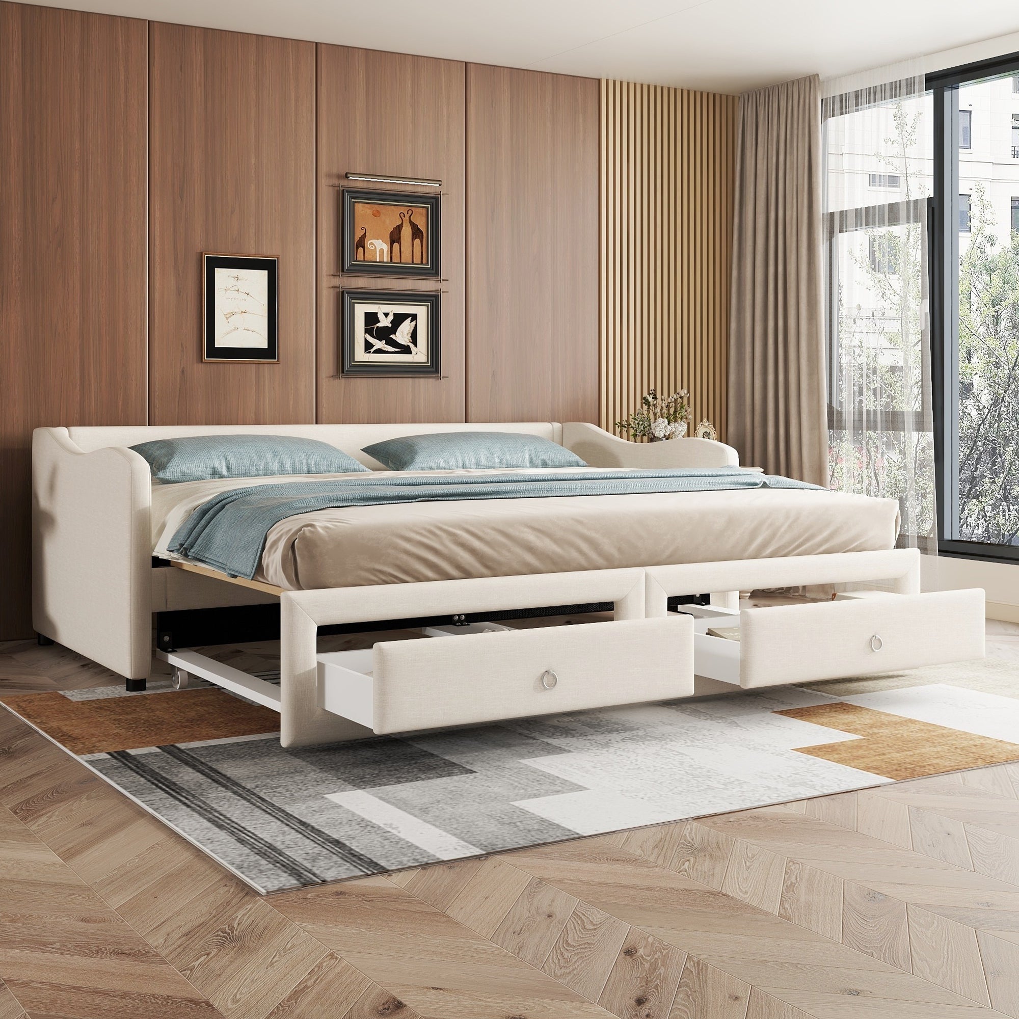 Logidon dagbed 90x200cm beige linnen met uitschuifbaar bed