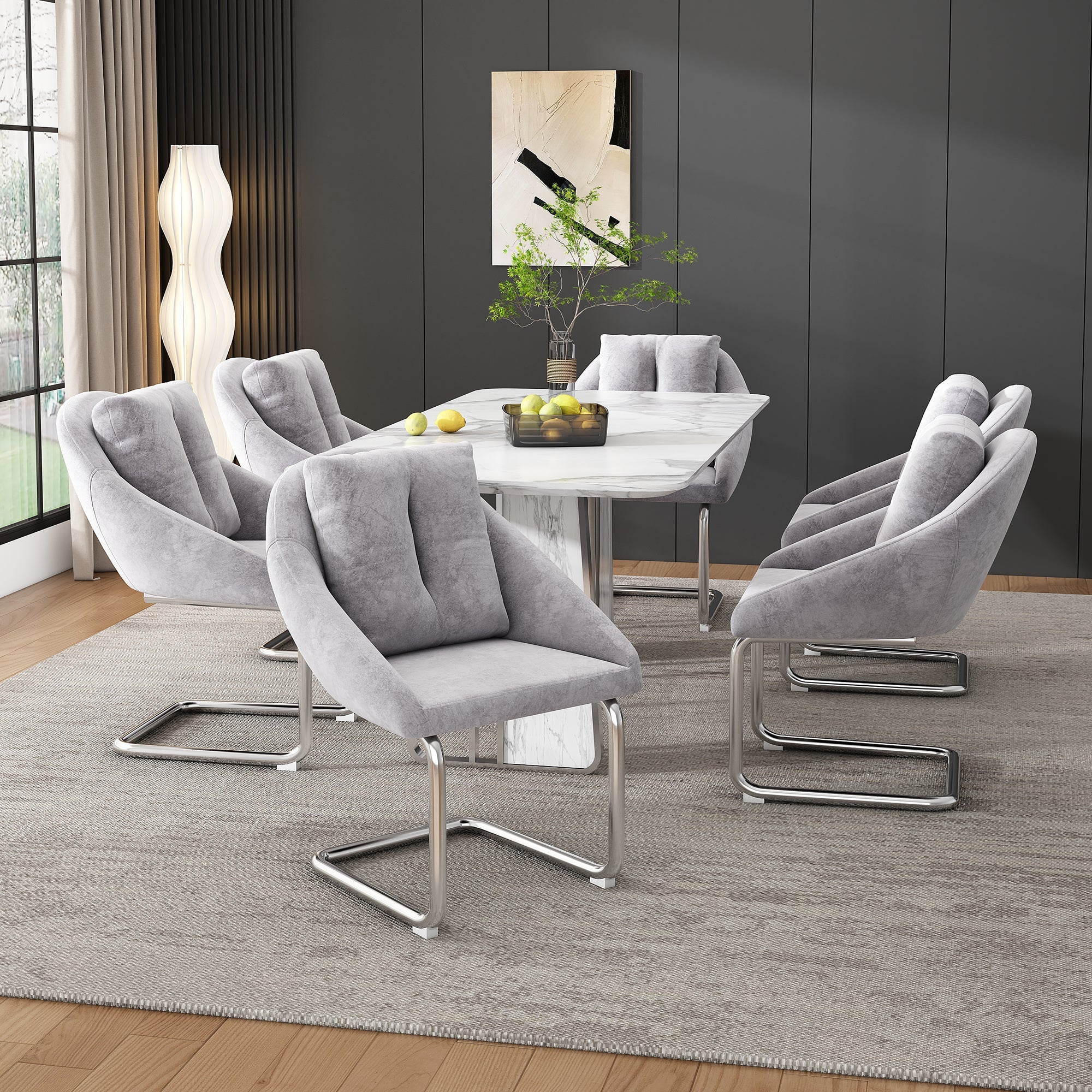 Logidon grijze fluwelen stoelenset metalen frame twee ergonomische eetkamerstoelen
