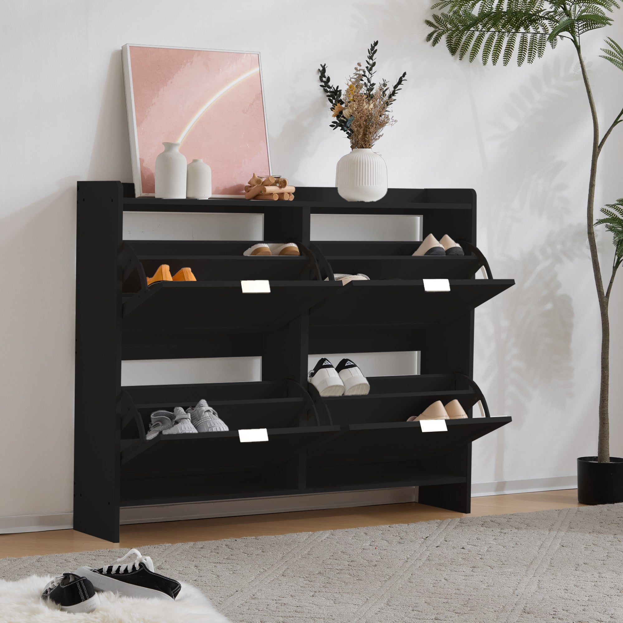 Logidon Moderne Schoenenkast Met 4 Kleppen Zwart 110 x 24 x 90 cm
