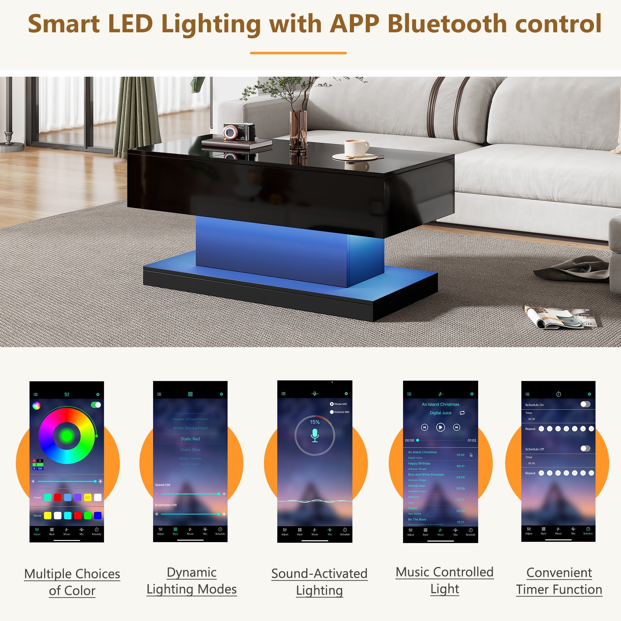 Logidon hoogglans liftsalontafel zwart 100x50x45 cm LED-verlichting