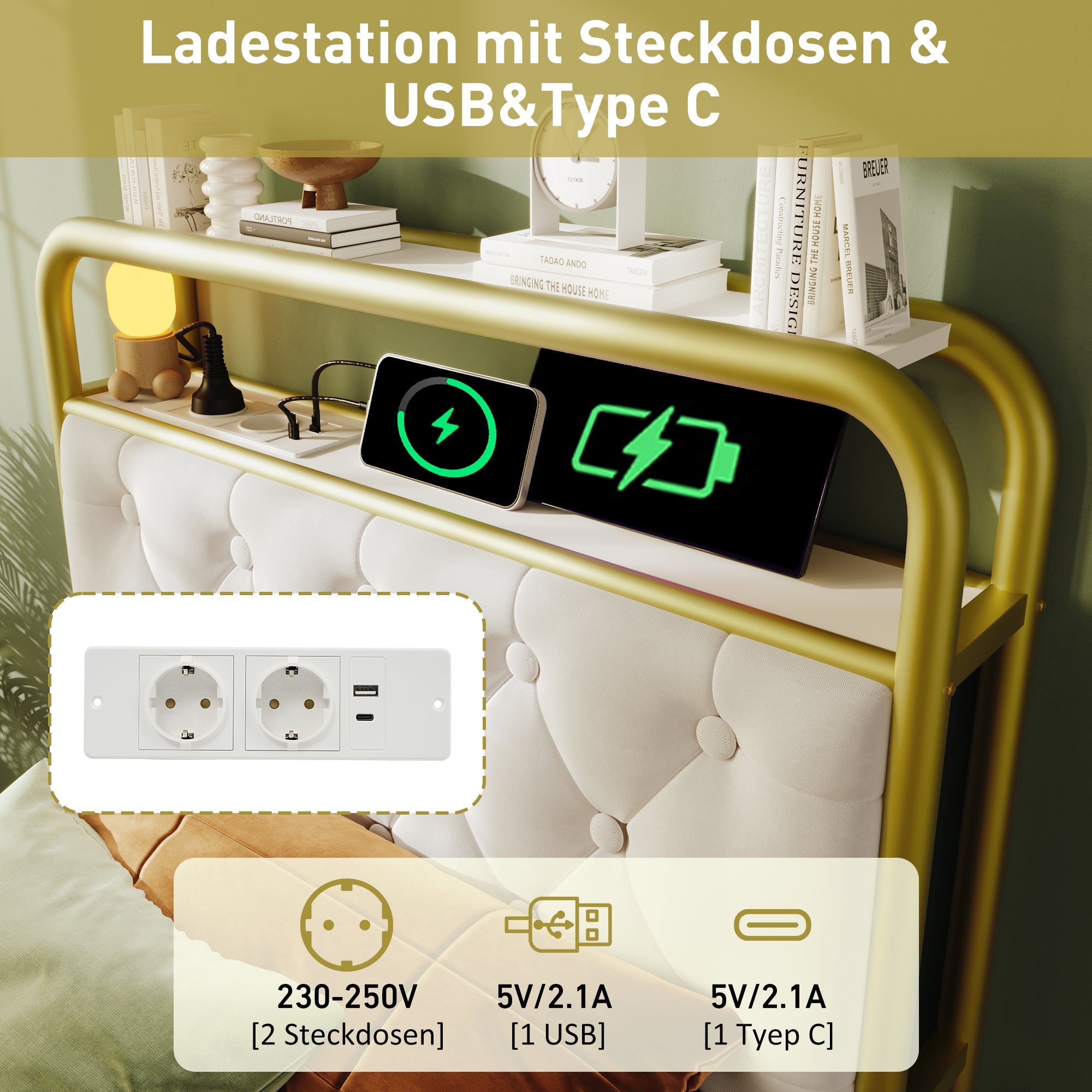 Logidon upholstered bed 90x200 USB C charging function LED white velvet drawers