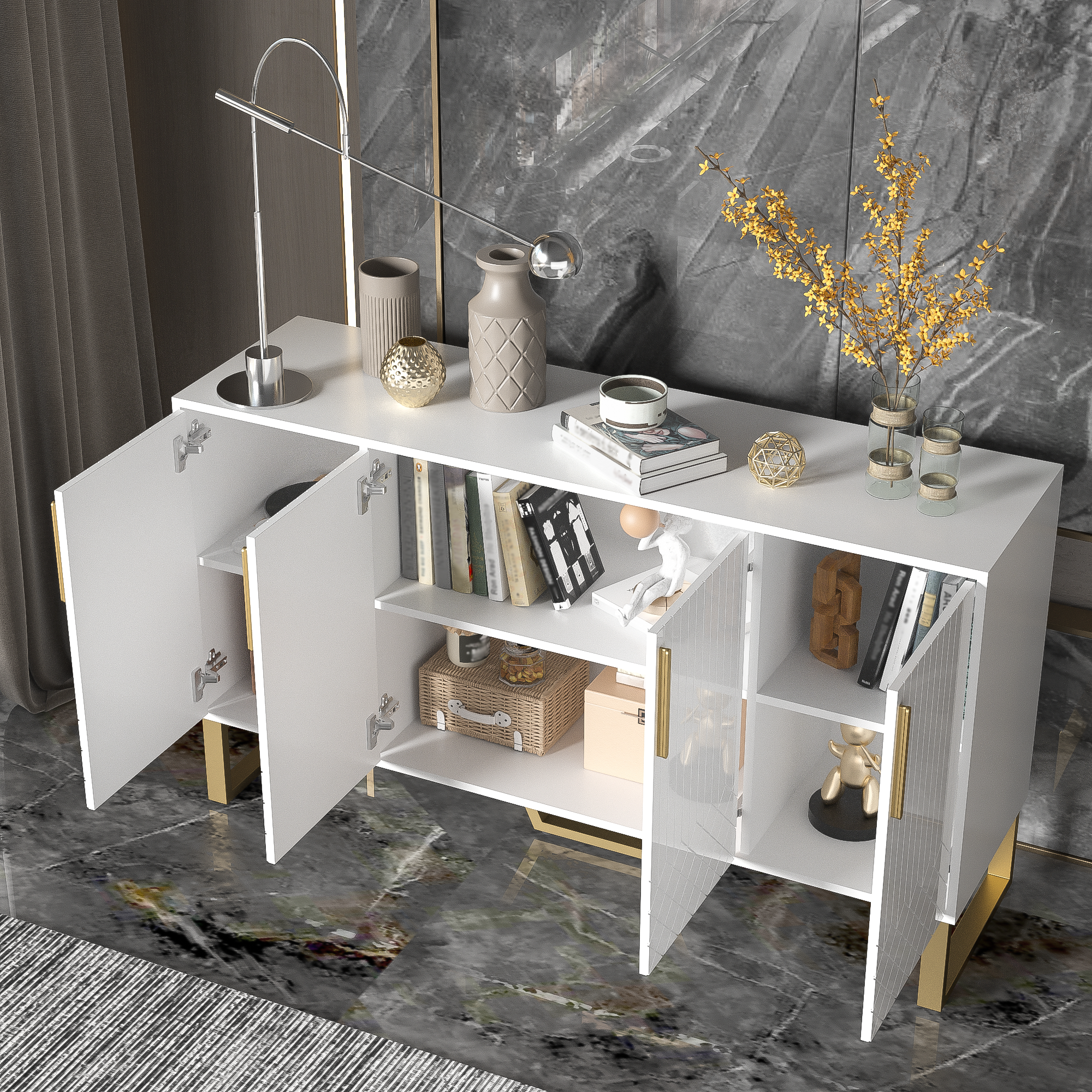 Logidon hoogglans dressoir wit 4 deuren geometrisch ontwerp 140x40x80