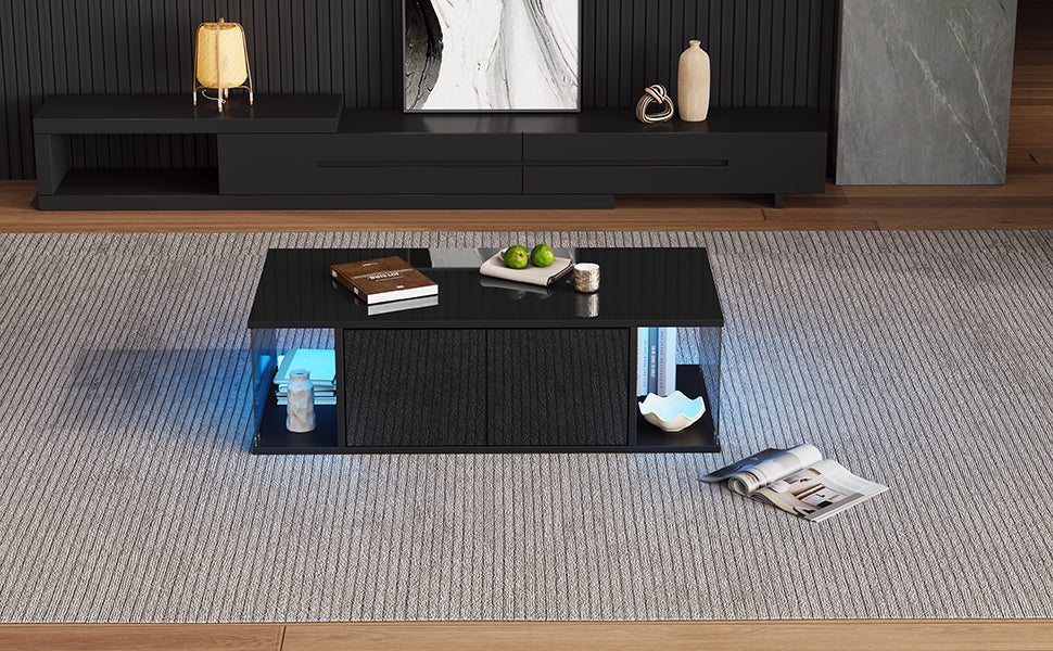Logidon salontafel 100x50x30 cm zwart hoogglans LED 2 kasten