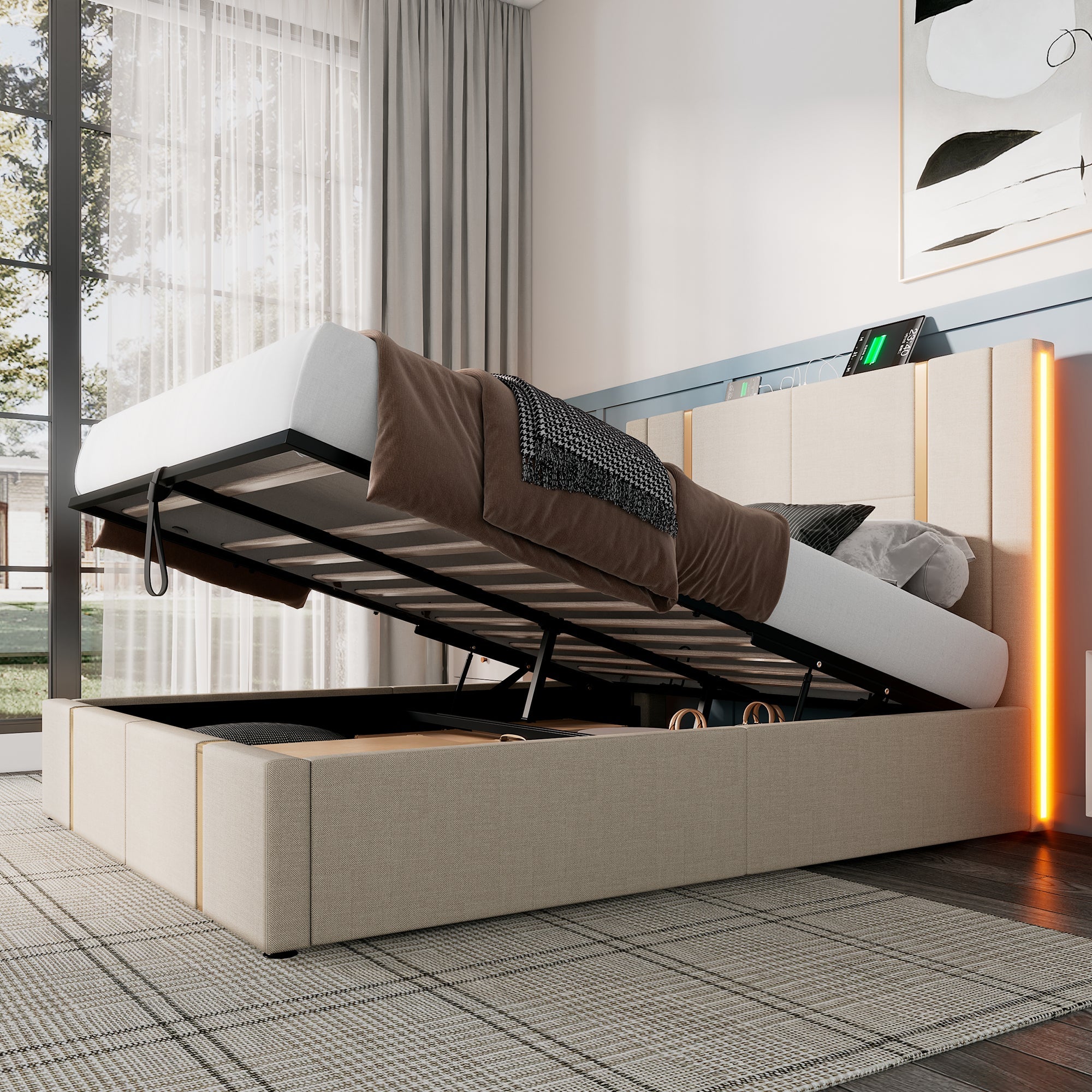 Logidon upholstered bed 160x200 USB C charging function APP control LED beige linen