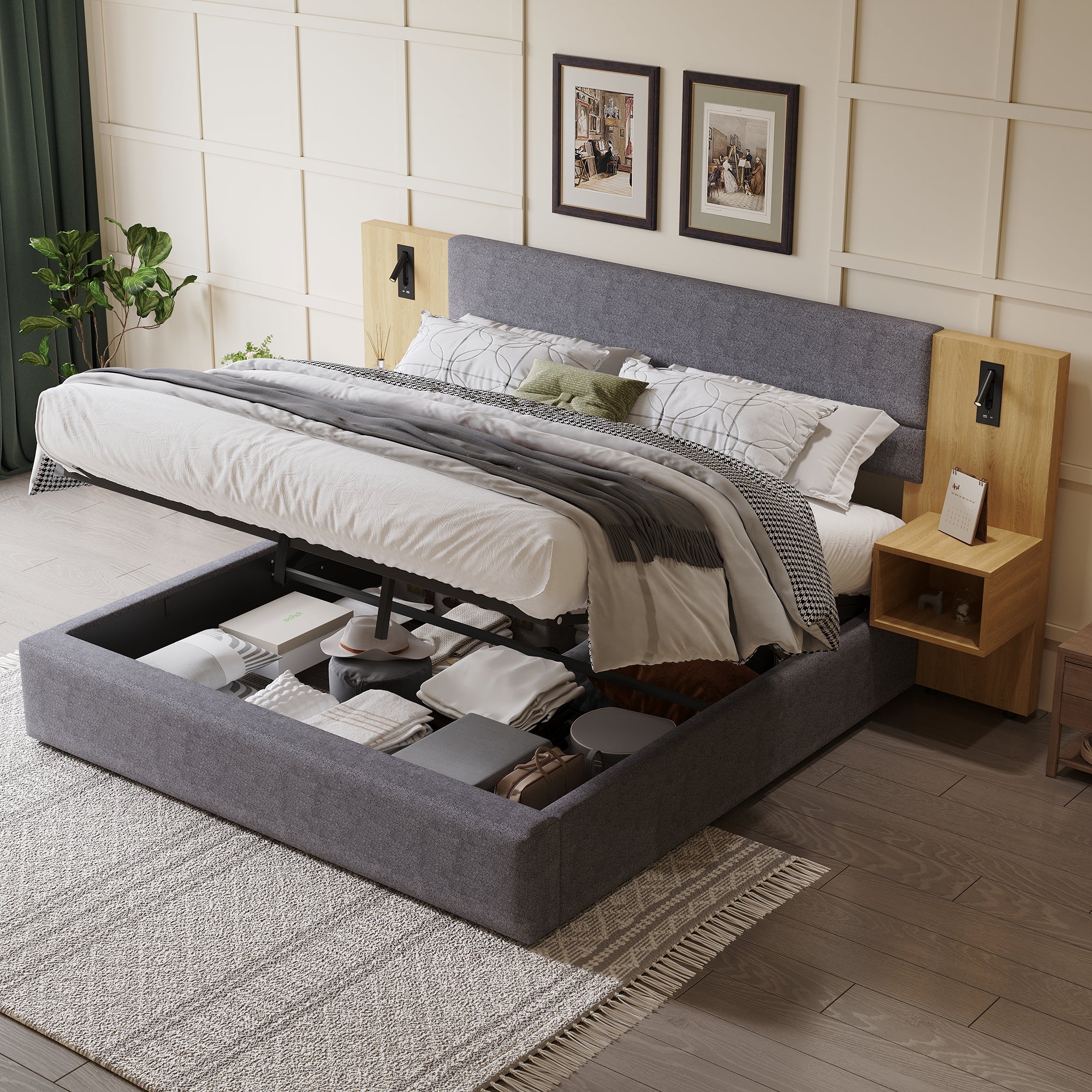 Logidon gestoffeerd bed 160x200 cm fluweelgrijs USB-oplaadfunctie opbergruimte