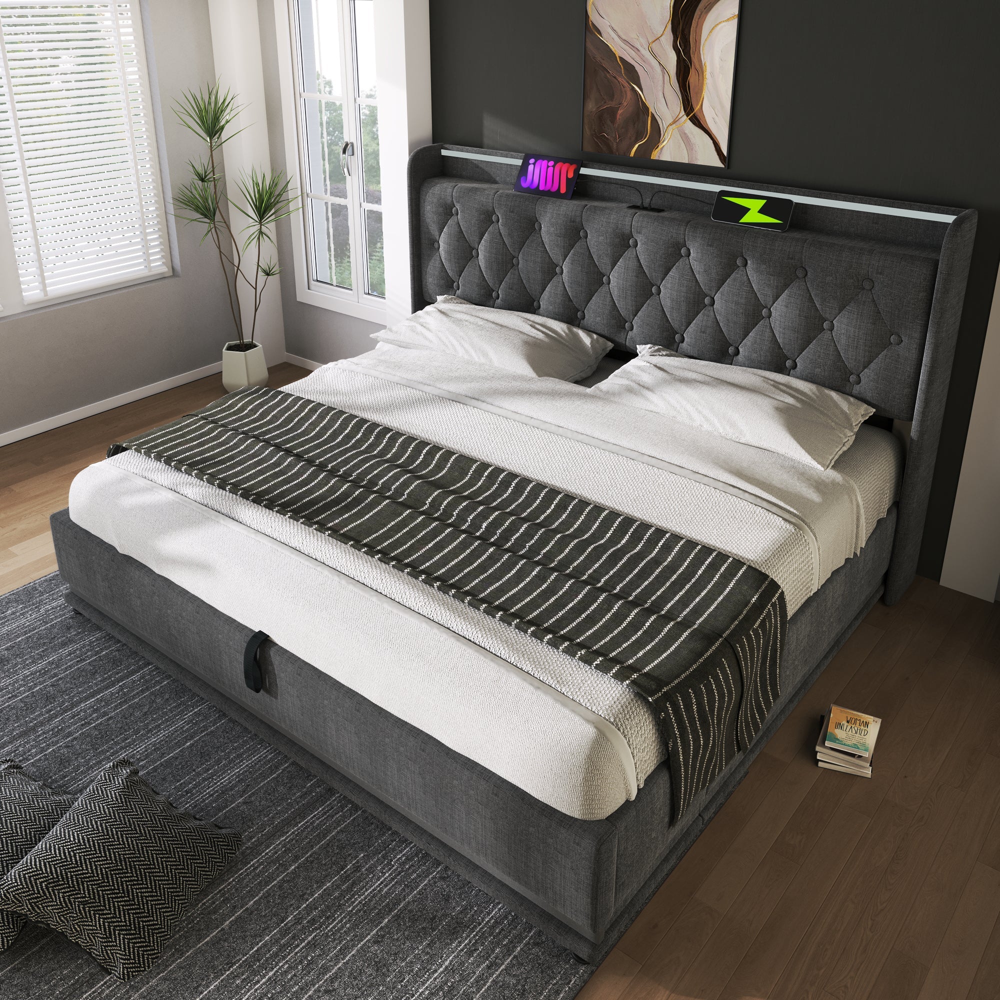 Logidon gestoffeerd bed tweepersoonsbed 180x200 cm grijs linnen LED-verlichting USB C