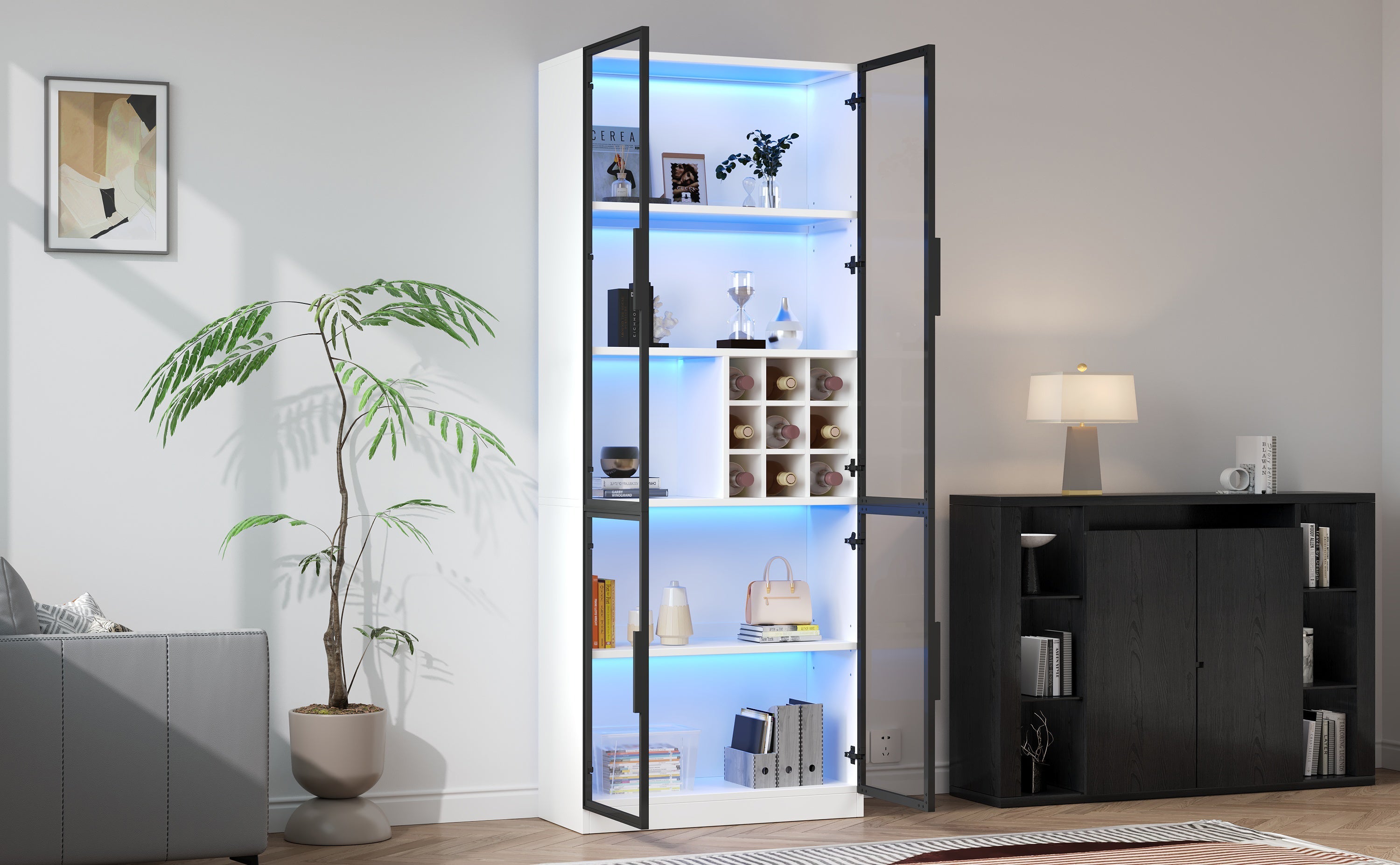 Logidon showcase 80x35x200 white glass doors LED lighting wine rack