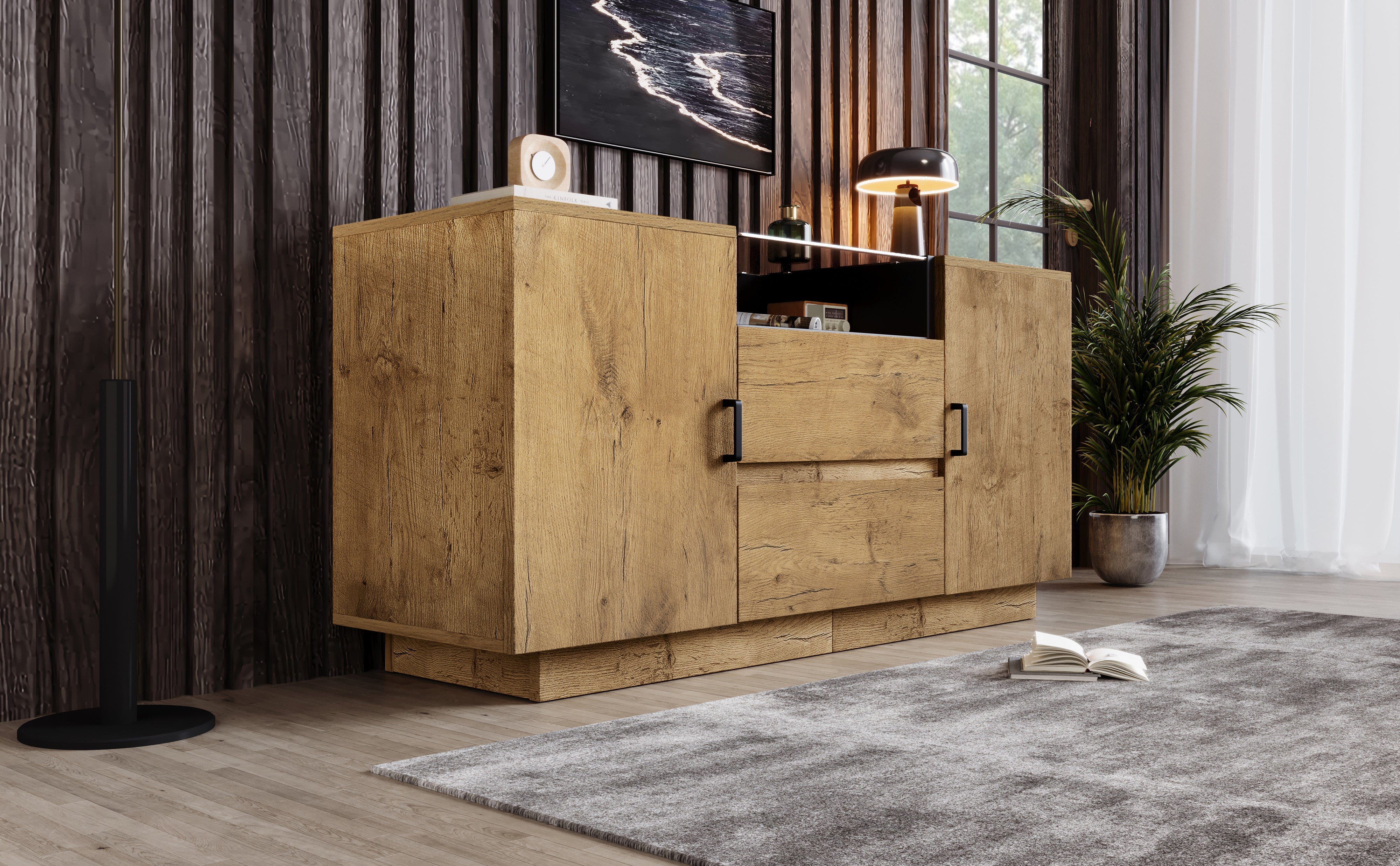 Logidon oak look chest of drawers sideboard 2 drawers 2 cupboards H70