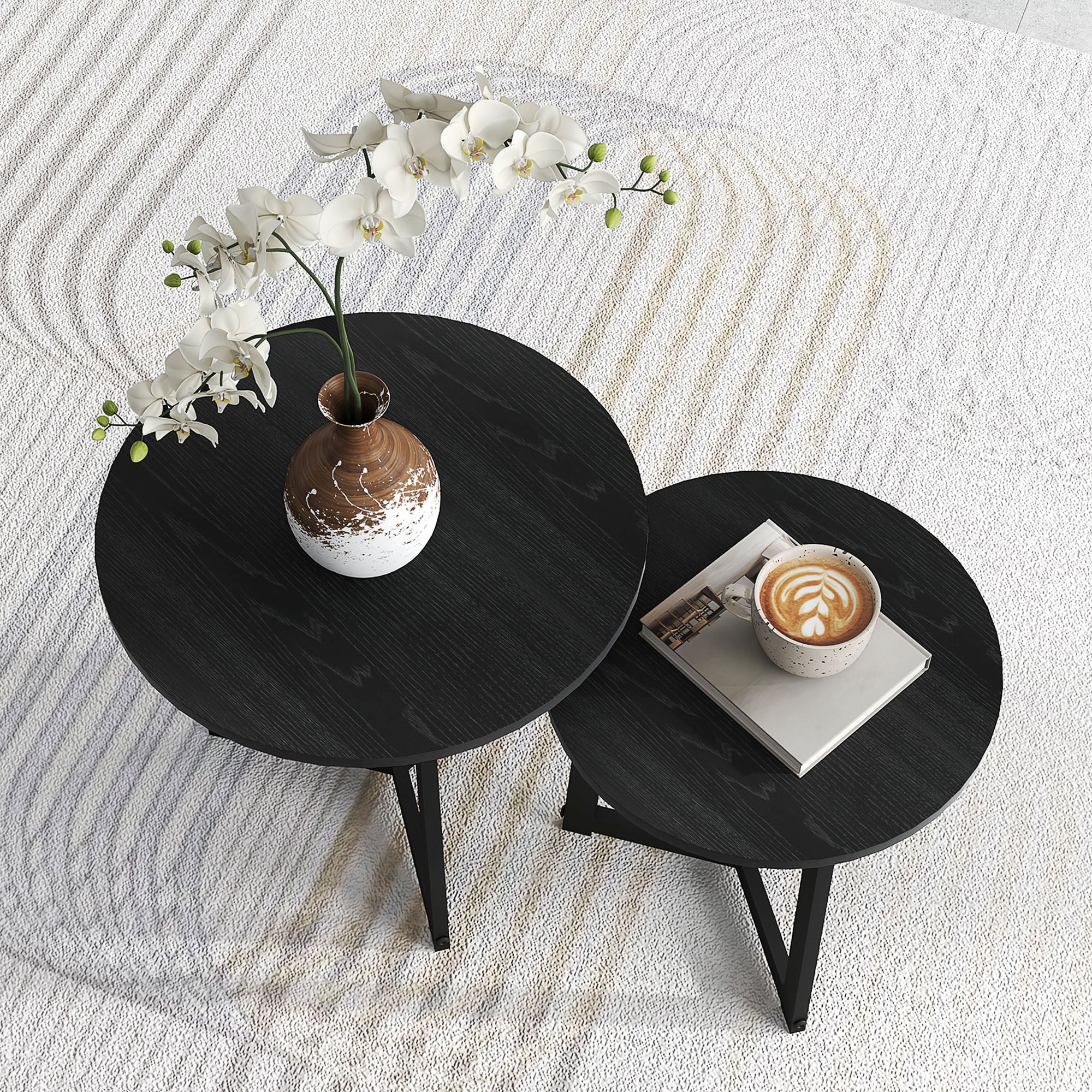 Logidon Set van 2 ronde salontafels Zwart staal MDF