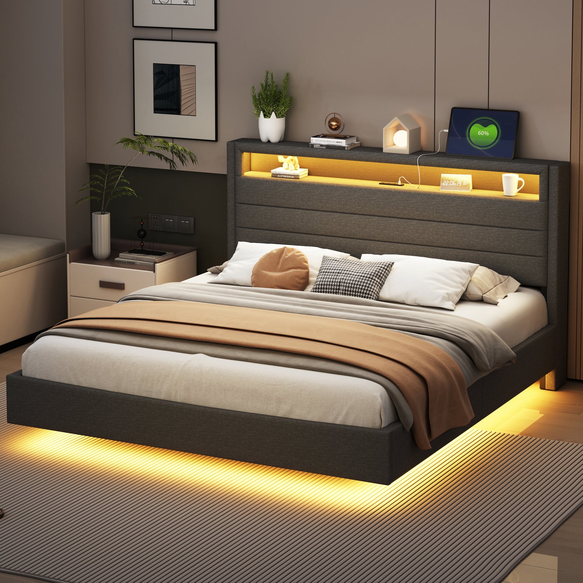 Logidon gestoffeerd bed 160x200 linnen stof USB Omkeerbaar LED-hoofdeinde