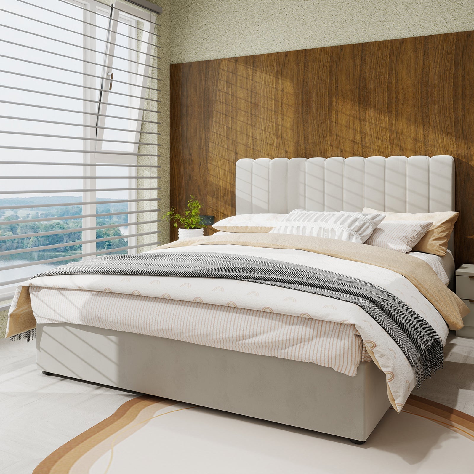 Logidon 160x200 cm gewatteerd bed beige met gasveer opbergruimte