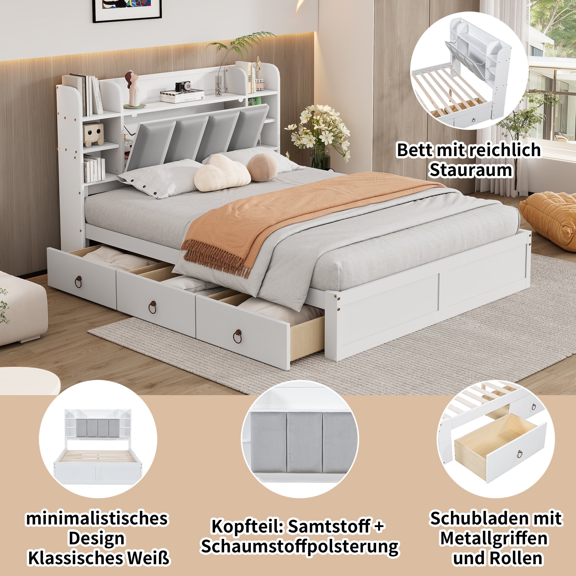 Logidon tweepersoonsbed witgrijs 140x200 cm plank drie lades op wielen