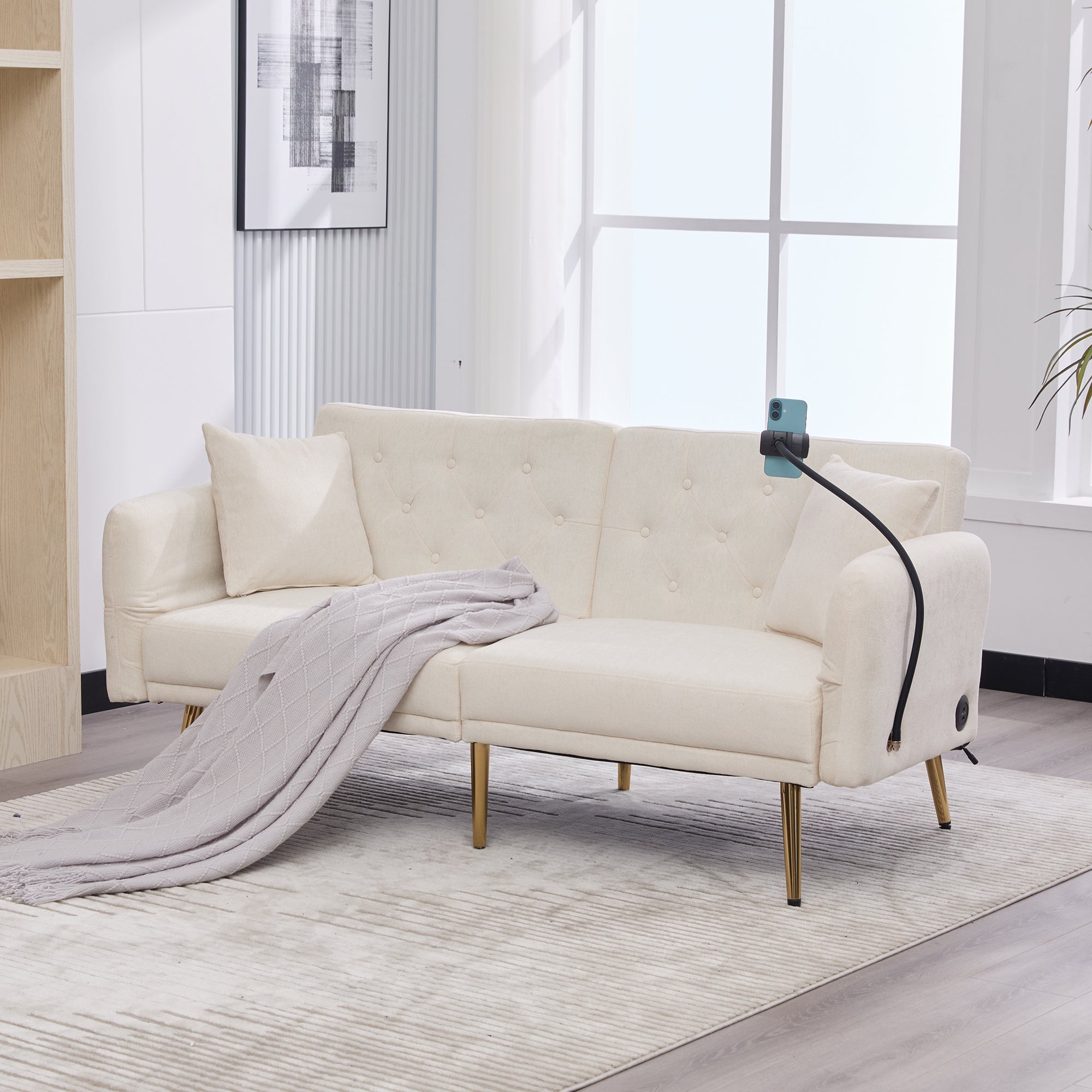 Logidon slaapbank tweezits beige fluweel met verstelbare rugleuning USB