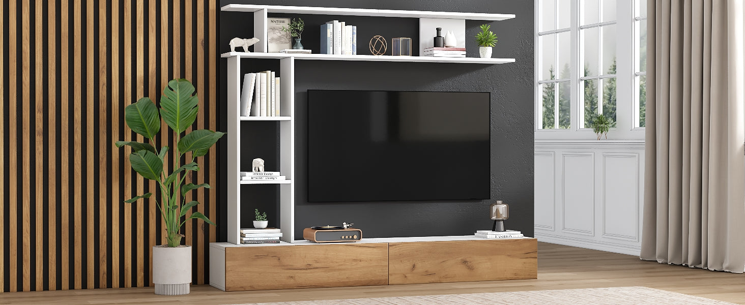 Logidon TV wandmeubel 180 cm wit houtlook met vitrinekasten