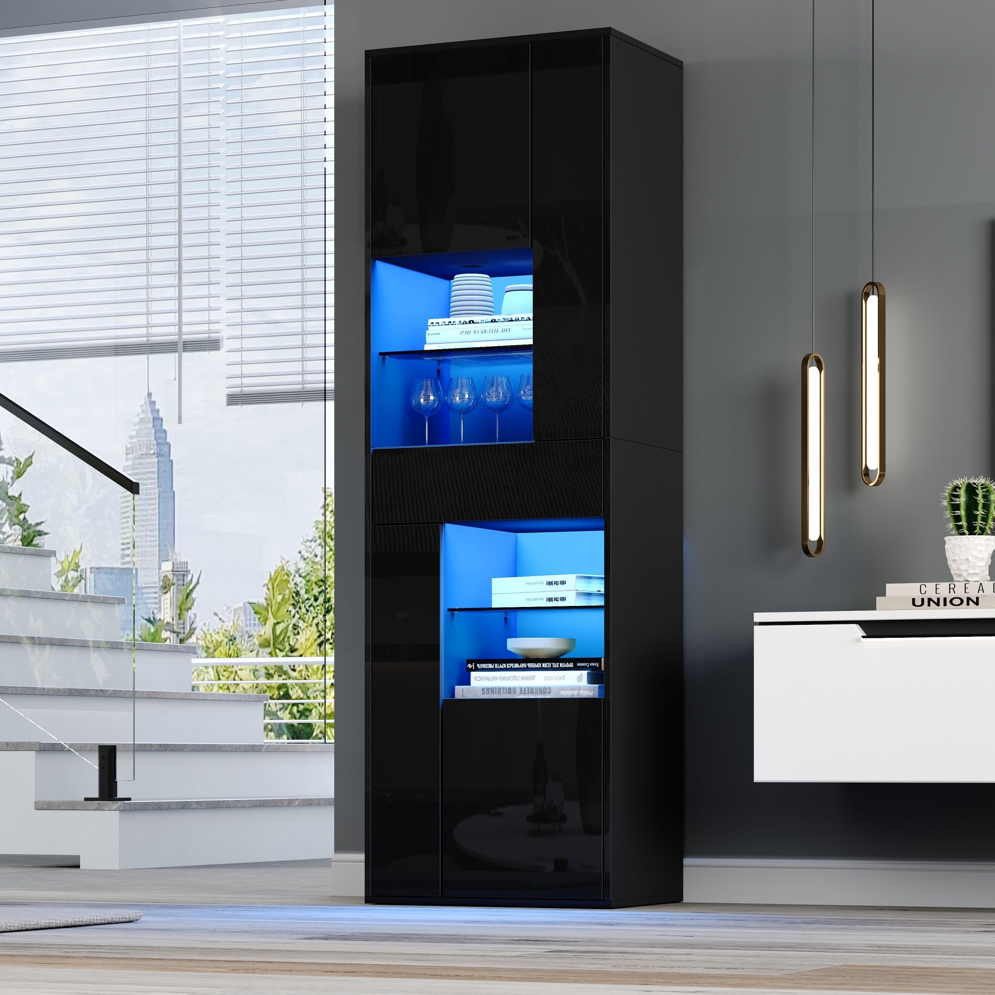 Logidon zwarte hoogglans glazen vitrine 55 x 38 x 170 cm LED-verlichting
