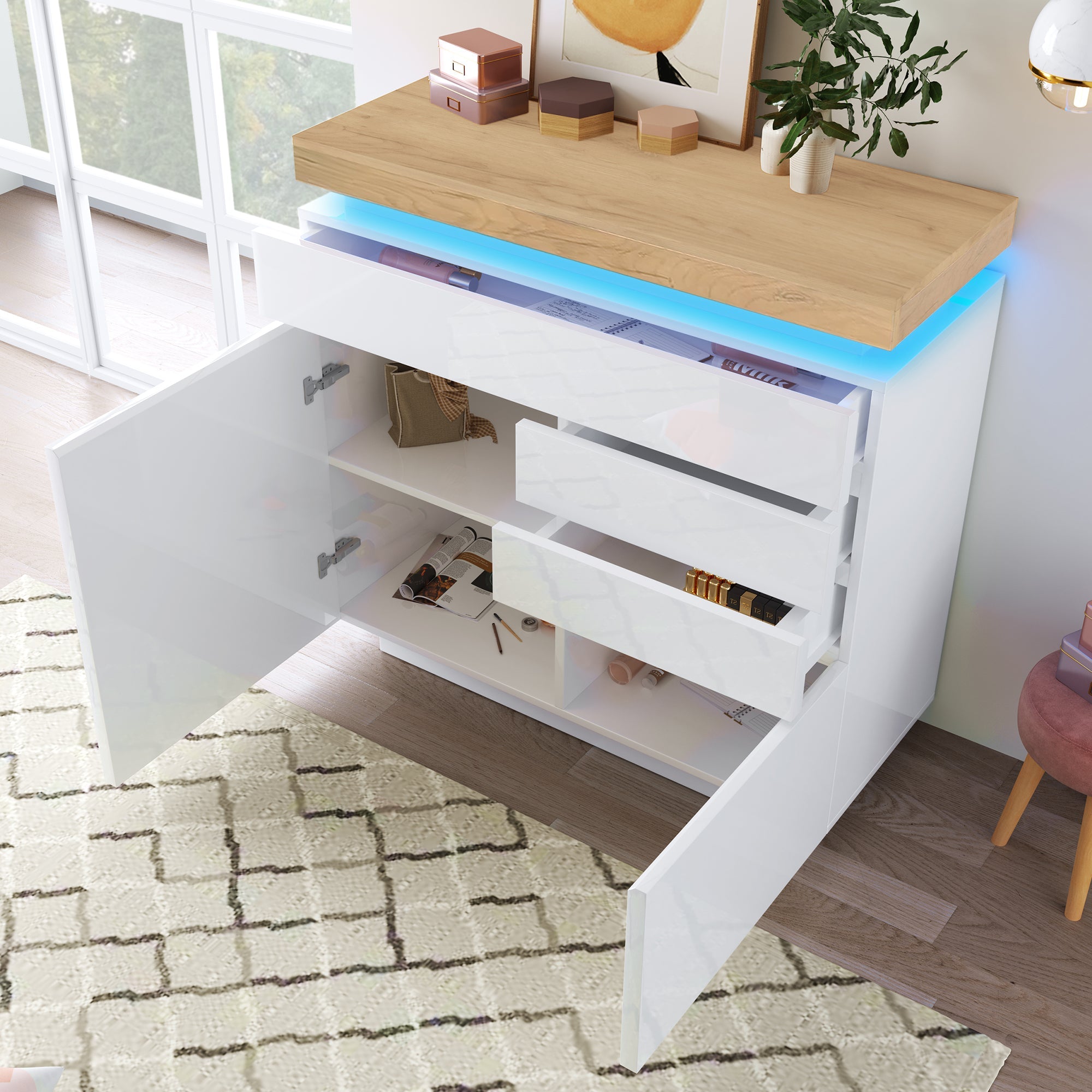 Logidon high gloss chest of drawers white LED lighting app control 2 doors