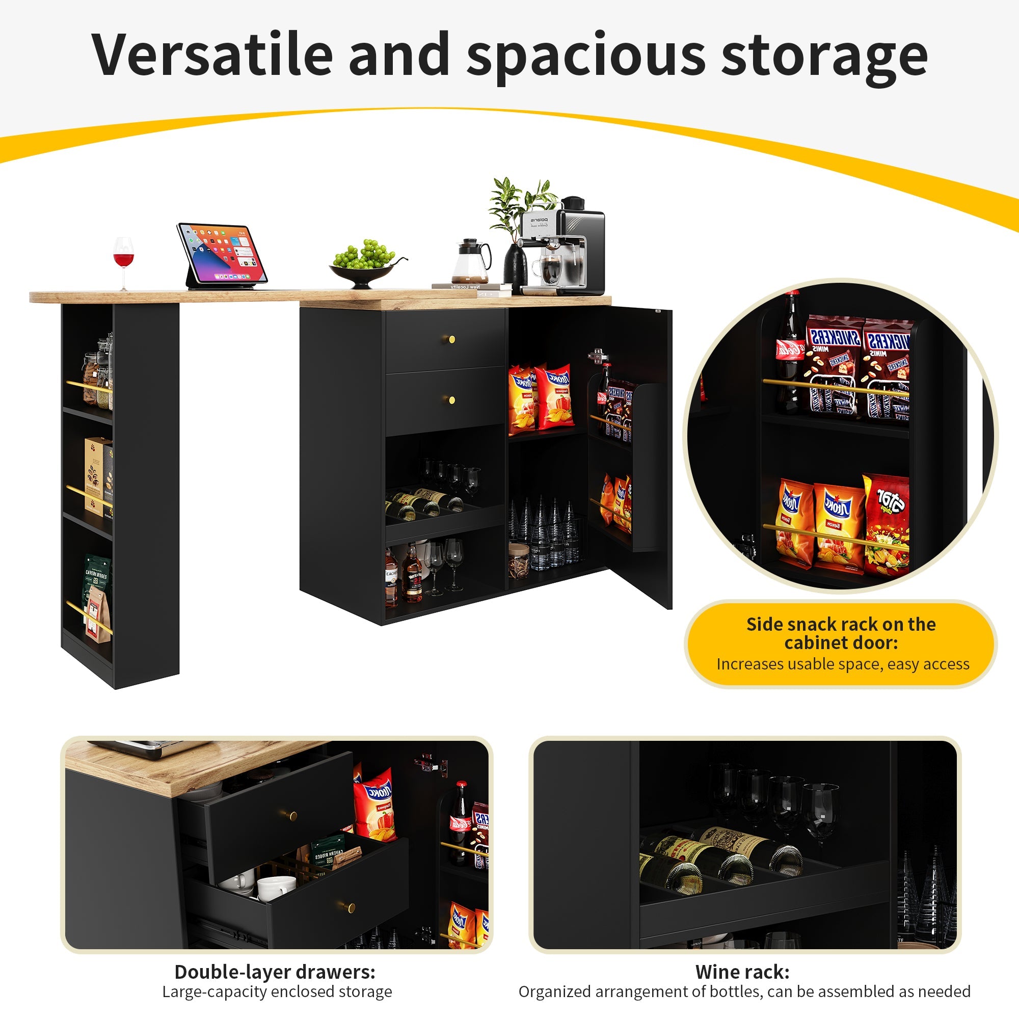 Logidon 360° draaibare bartafel 138 cm zwart met 2 lades