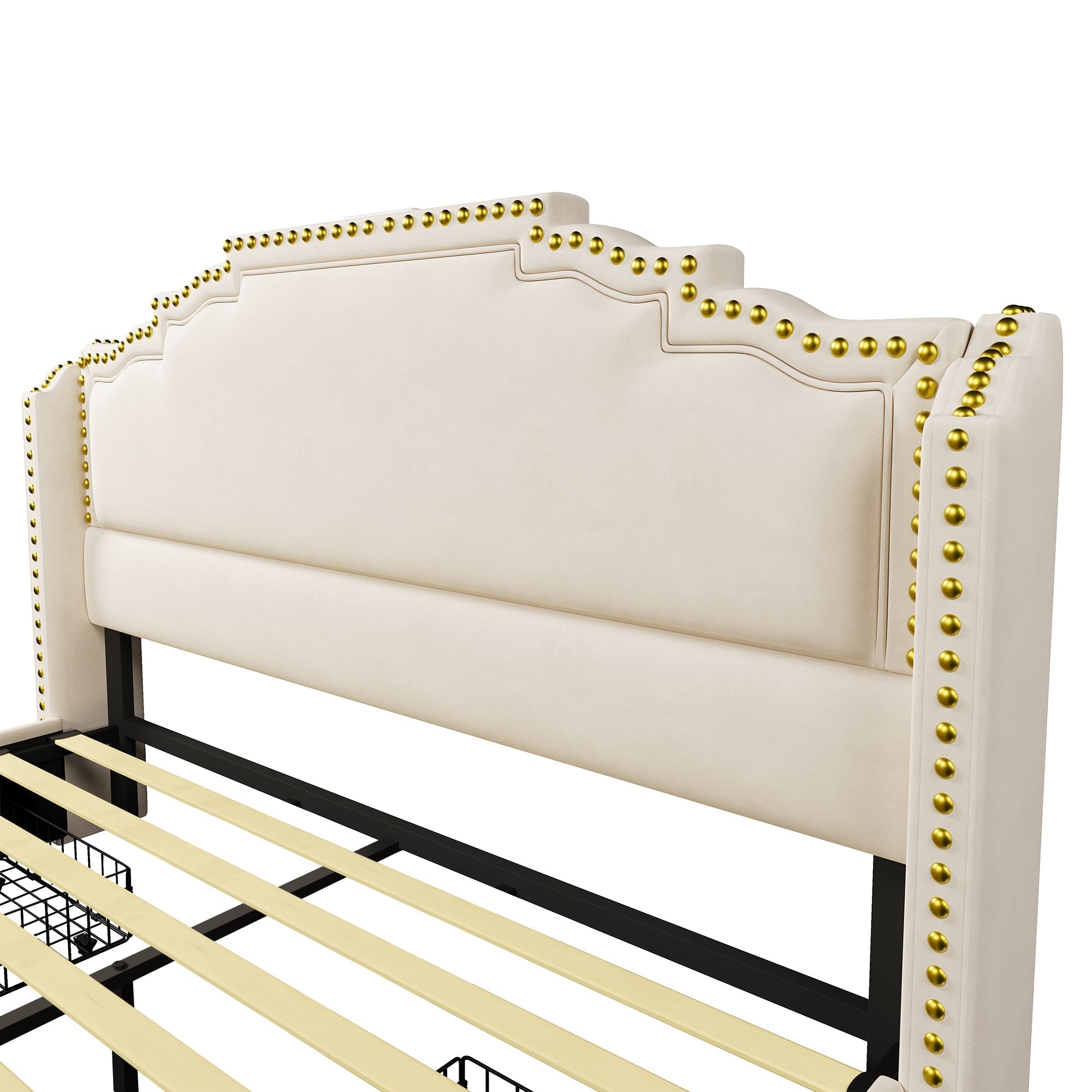 Logidon gestoffeerd bed 140x200 beige LED USB C 4 lades met matras
