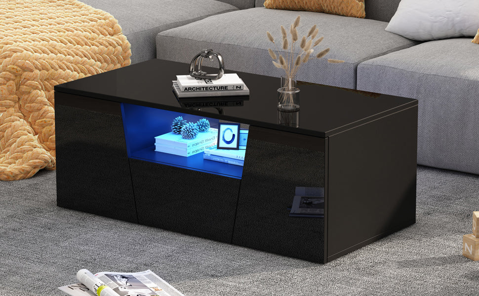 Logidon coffee table 100x50x40 cm black with LED 2 cabinets 1 drawer