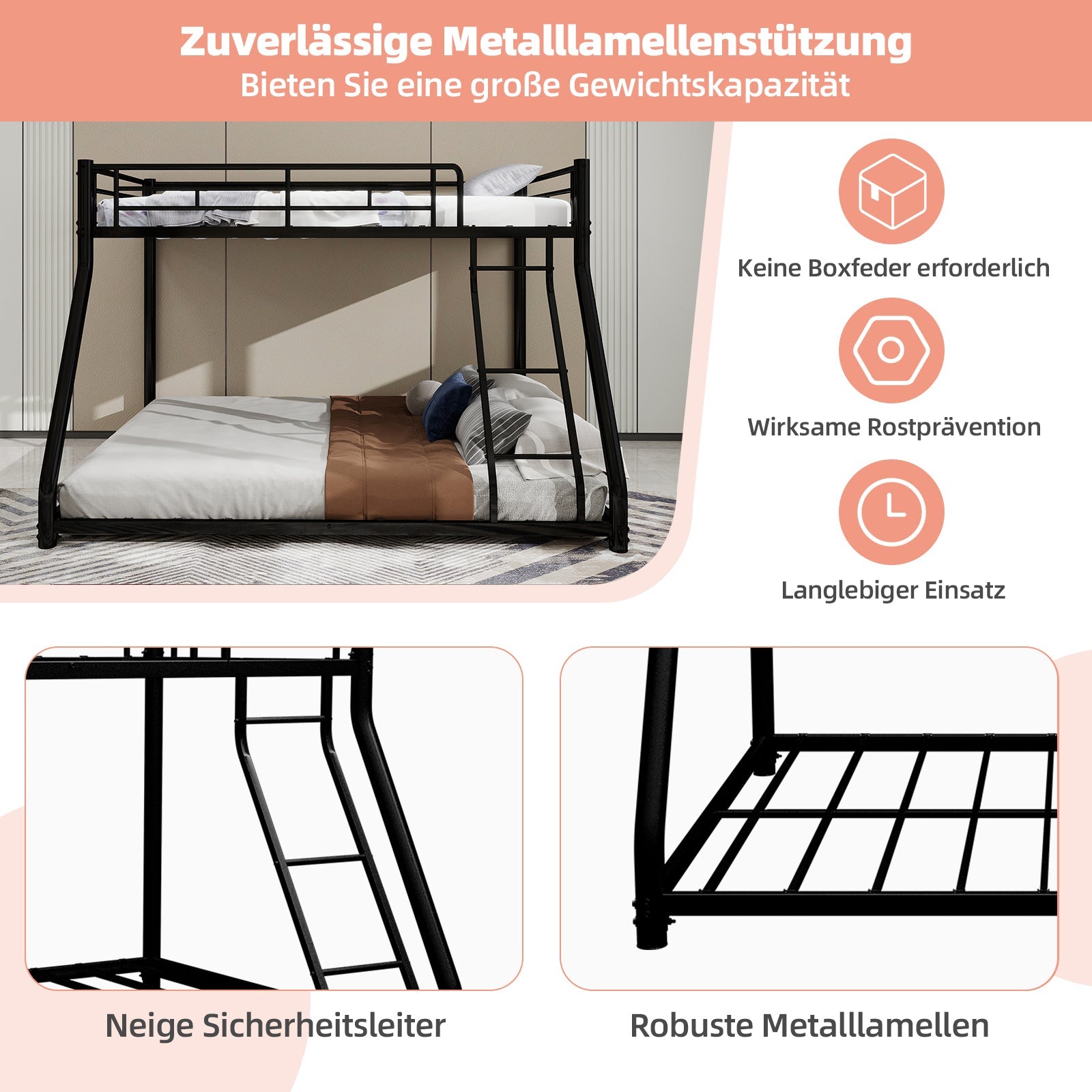 Logidon Twin over volledig metalen stapelbed, zwart, robuust, geluidsvrij
