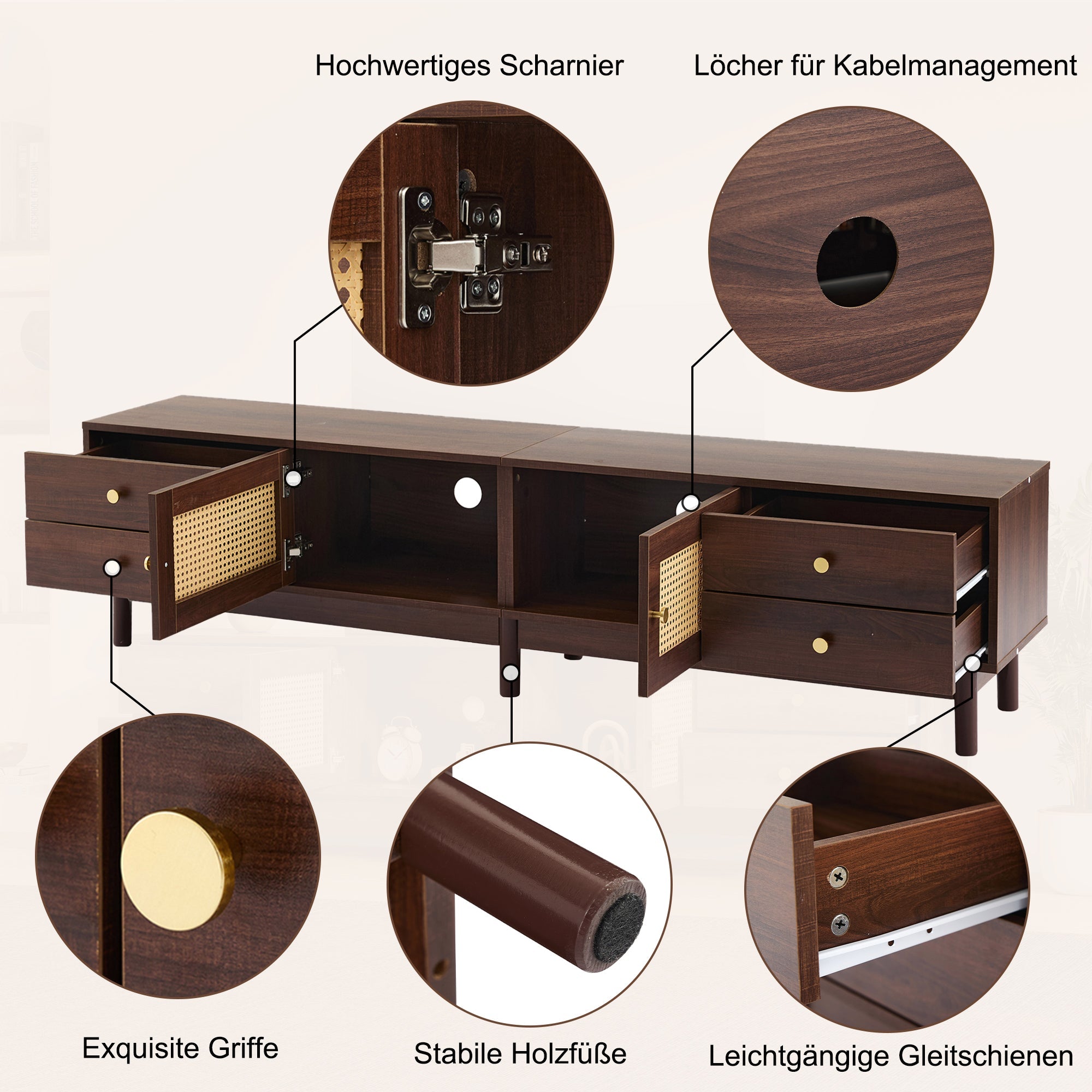 Logidon TV cabinet 180 cm dark wood look rattan doors cable management