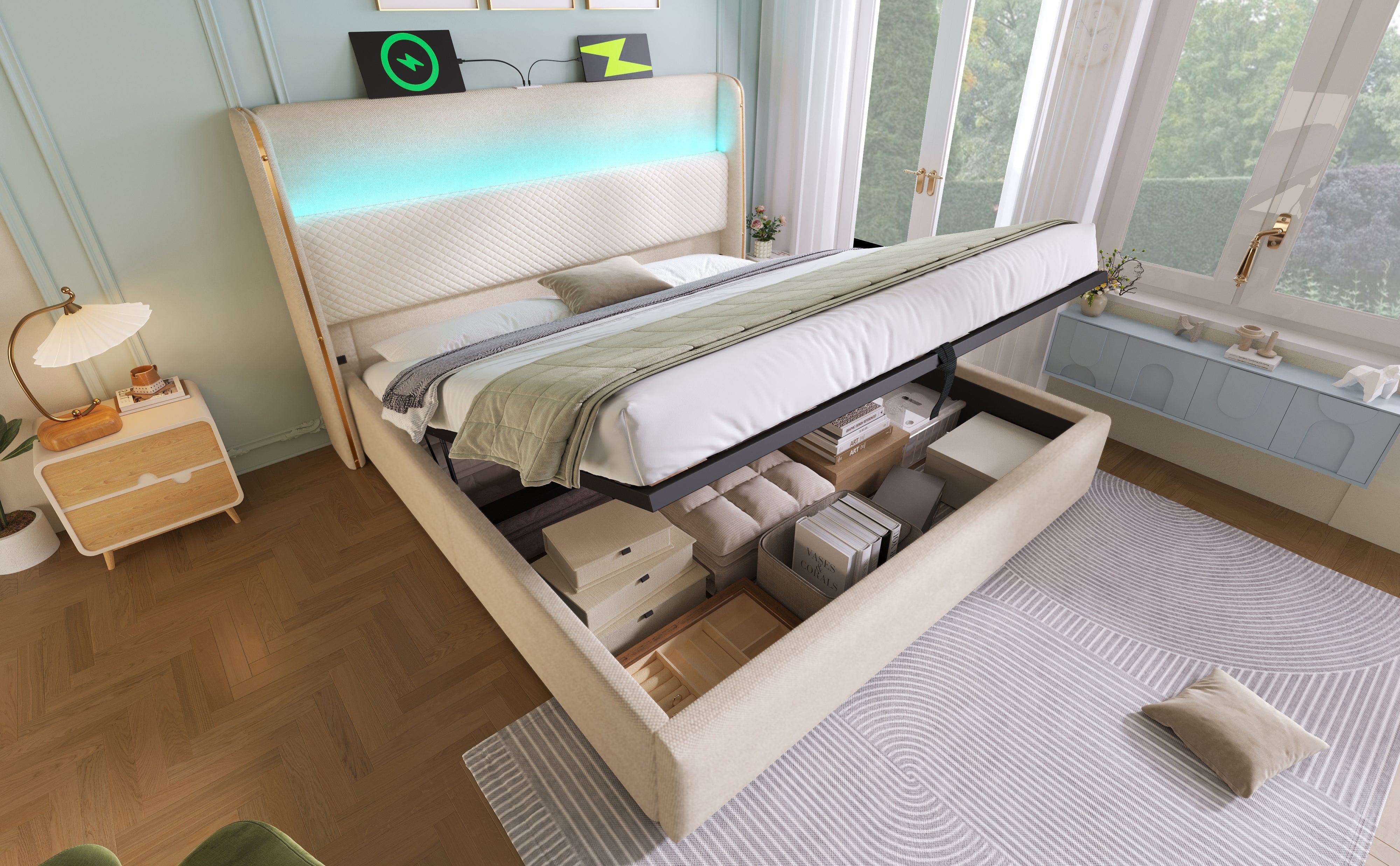 Logidon hydraulisch bed 140x200 beige linnenlook met LED