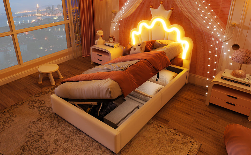 Logidon prinsessenbed 90x200 cm wit kunstleer LED-verlichting