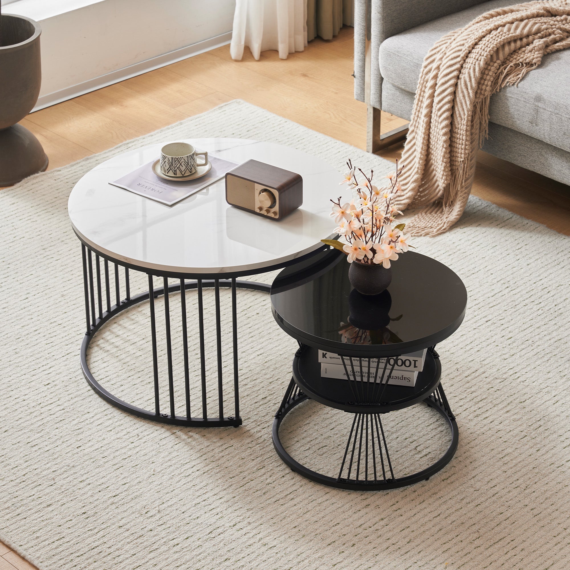 Logidon Moderne Nesting Salontafel Set van 2 Hoogglans Blad Zwart