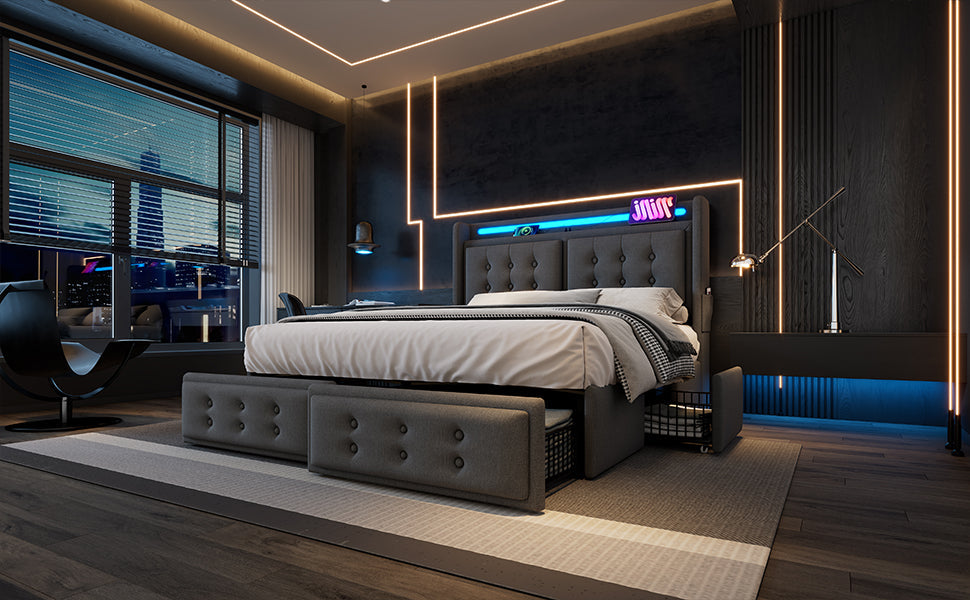 Logidon gestoffeerd bed 180x200 grijs met LED hoofdeinde USB-C 4 lades