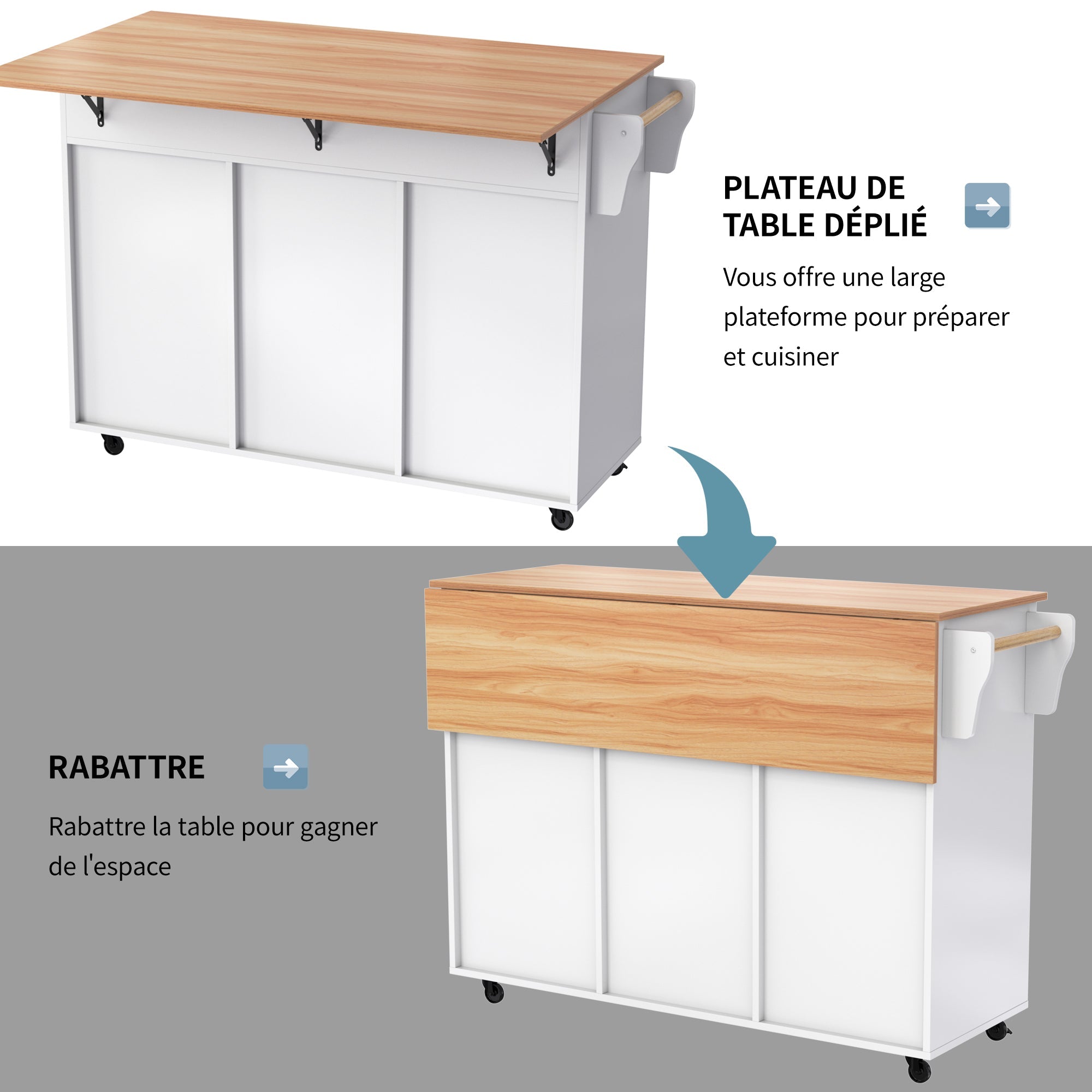 Logidon kitchen trolley solid wood worktop folding top white