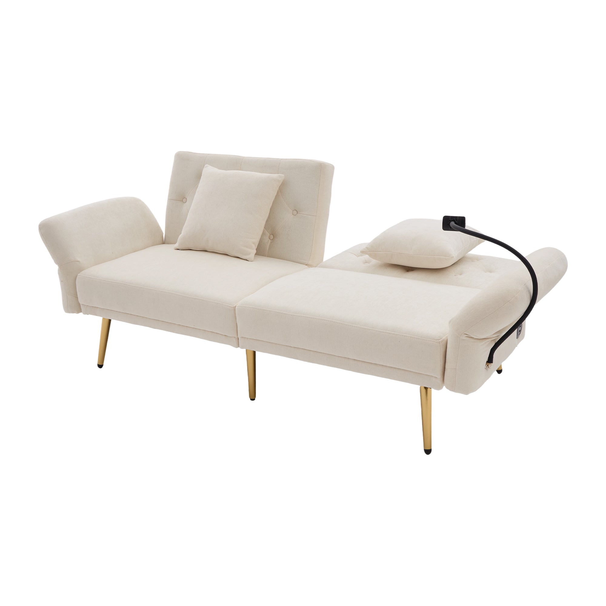 Logidon slaapbank tweezits beige fluweel met verstelbare rugleuning USB