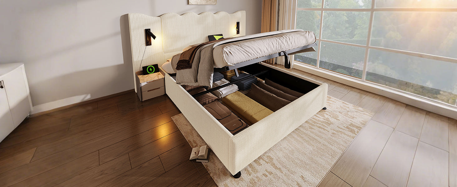 Logidon gestoffeerd bed tweepersoonsbed 180x200 beige-wit leeslamp USB-C opladen