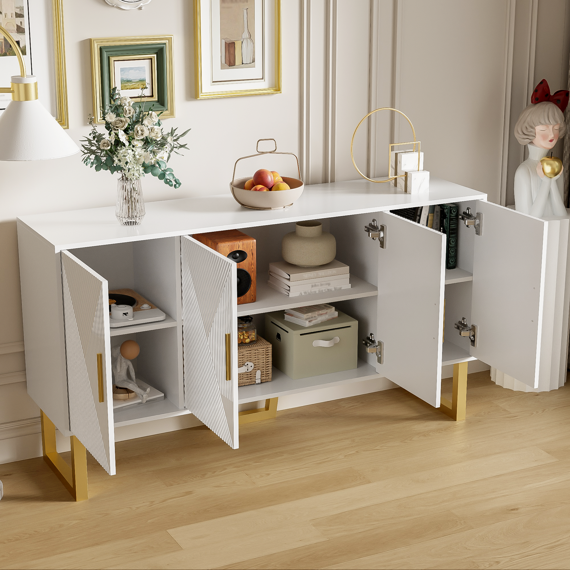 Logidon dressoir 4 deuren 150 cm wit hoogglans gouden handgrepen