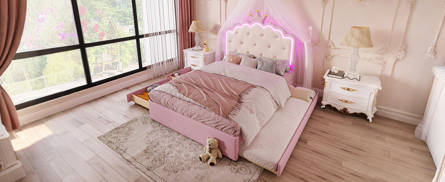 Logidon gestoffeerd bed 140x200 roze met lattenbodem LED-verlichting