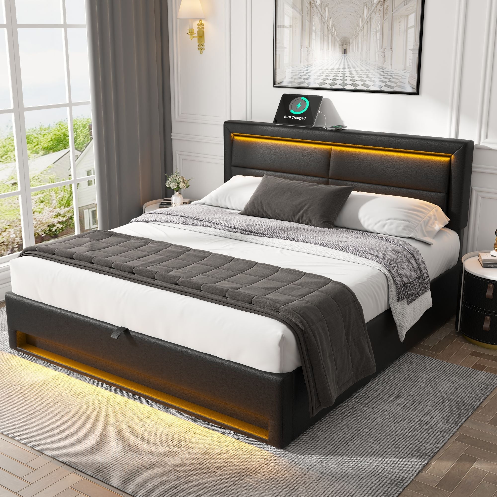 Logidon gestoffeerd bed 160 x 200 zwart USB oplaadpunten LED opbergruimte