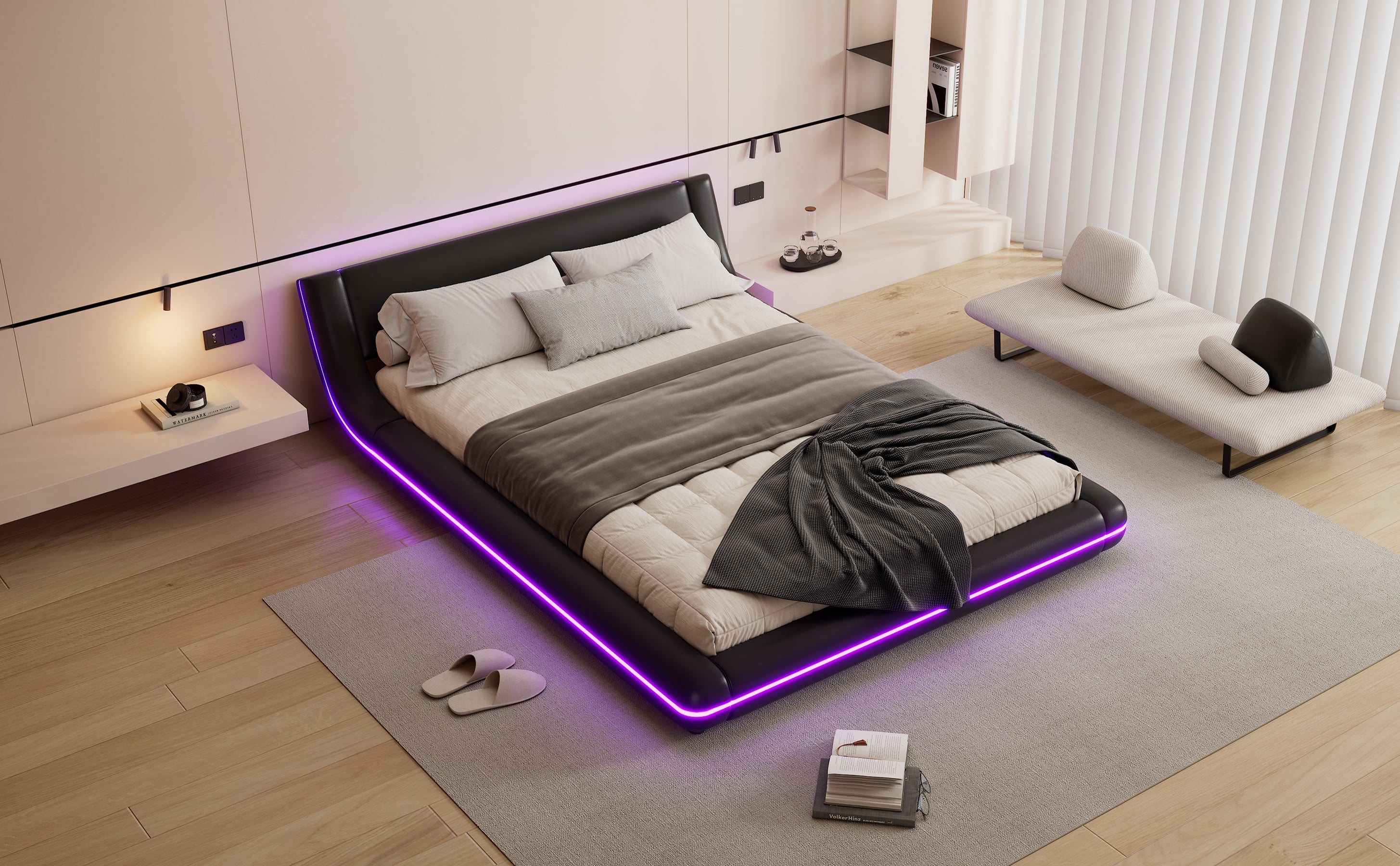 Logidon flat bed 140x200 cm faux leather black LED lighting