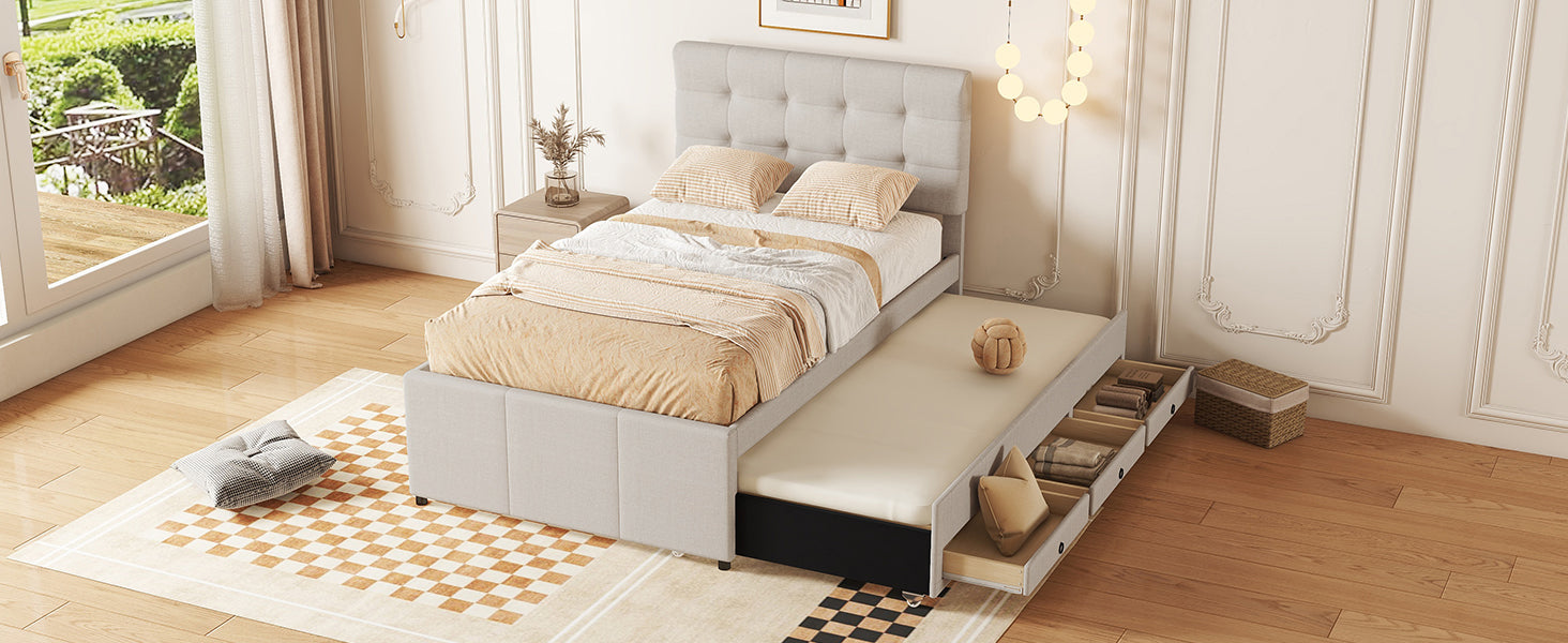 Logidon gestoffeerd bed 90x200 beige uitschuifbaar onderschuifbed 3 lades