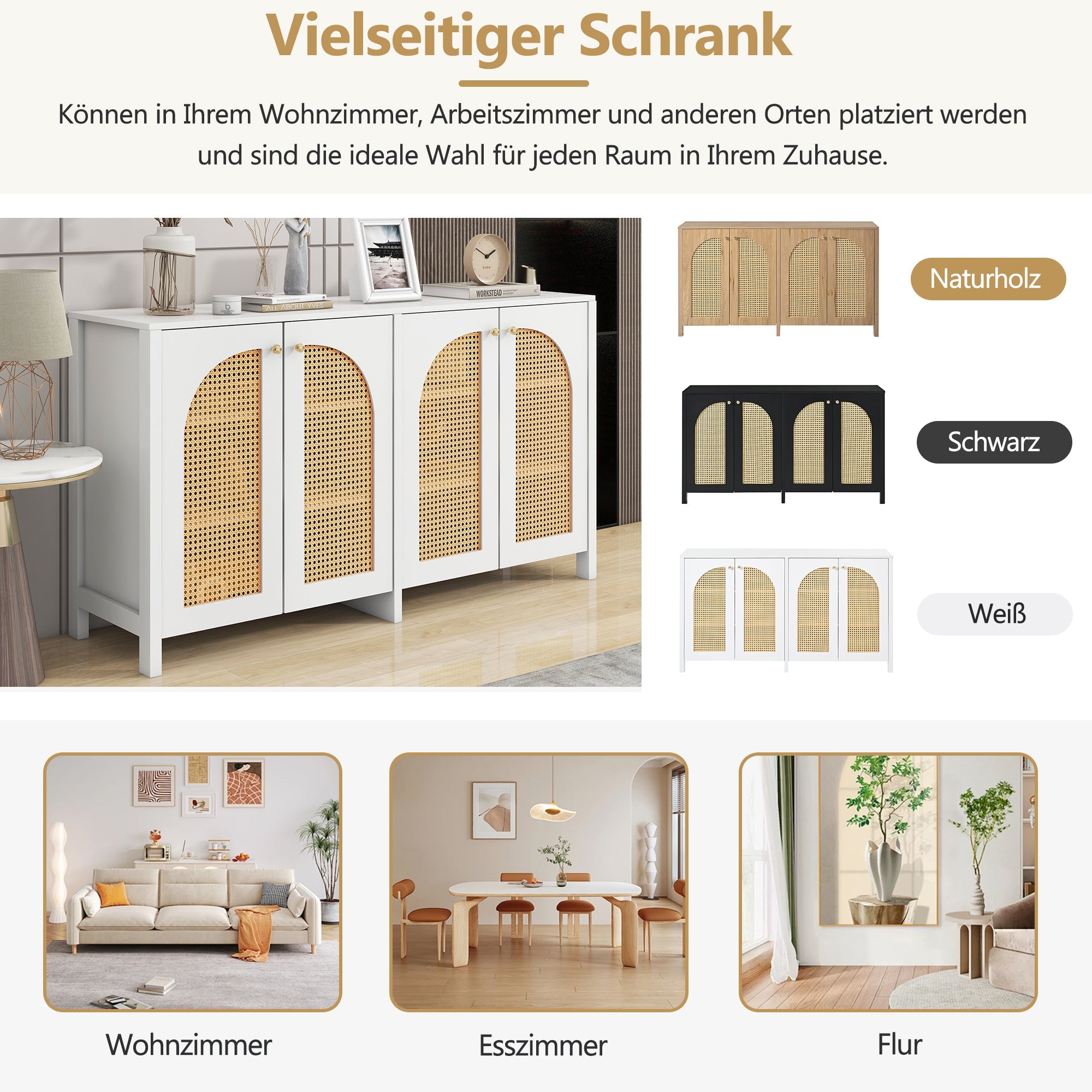 Logidon Modern dressoir 4 rotan deuren wit 145x40x80 cm