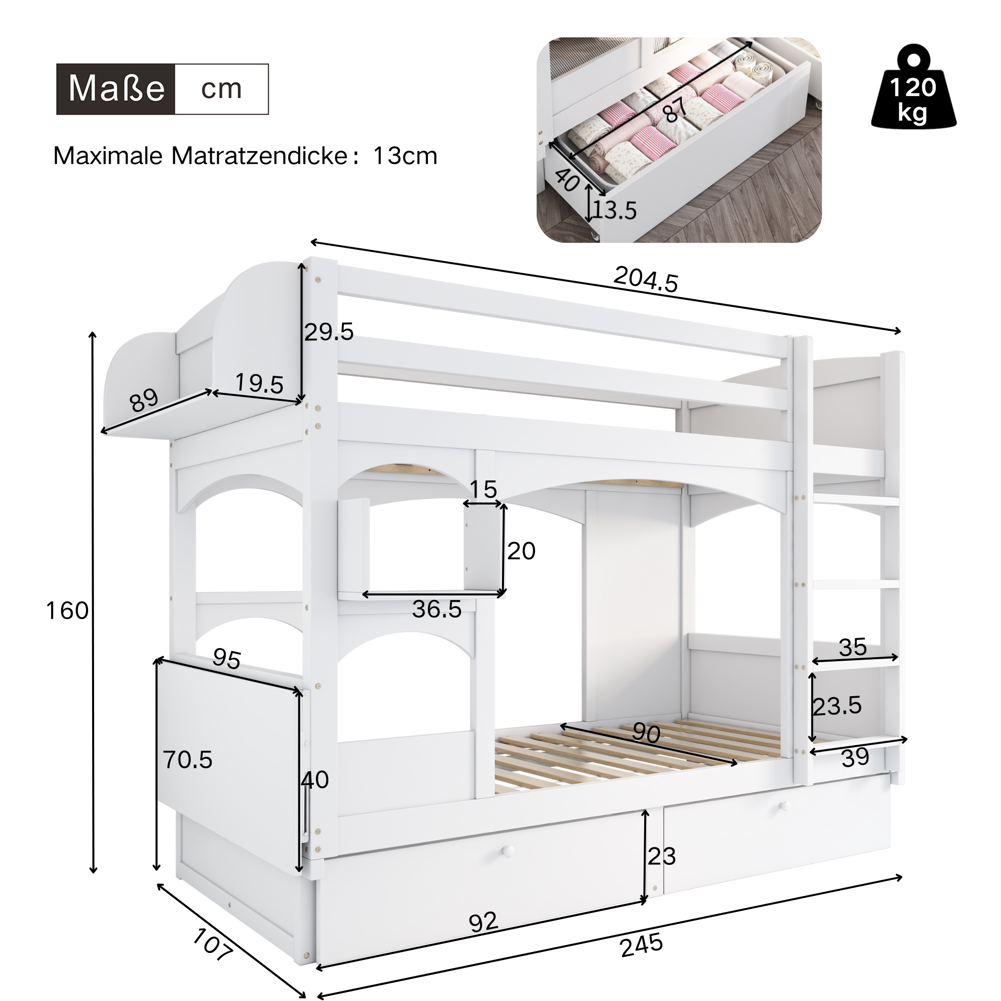 Logidon Kinderstapelbed met opklapbaar bureau Wit 90x200