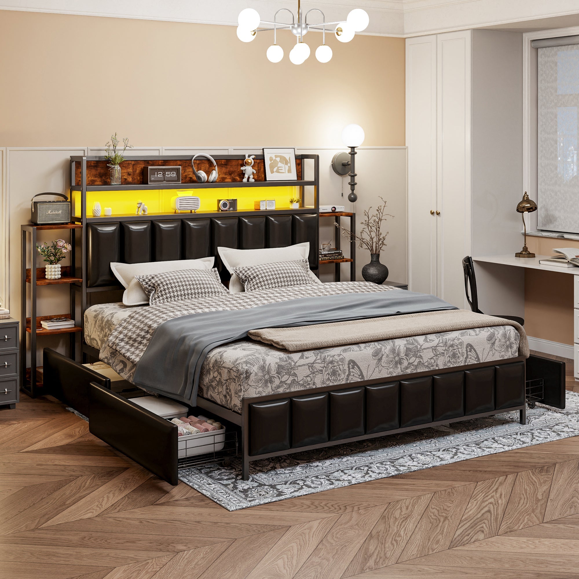 Logidon upholstered bed 160x200 cm with LED lighting storage space black