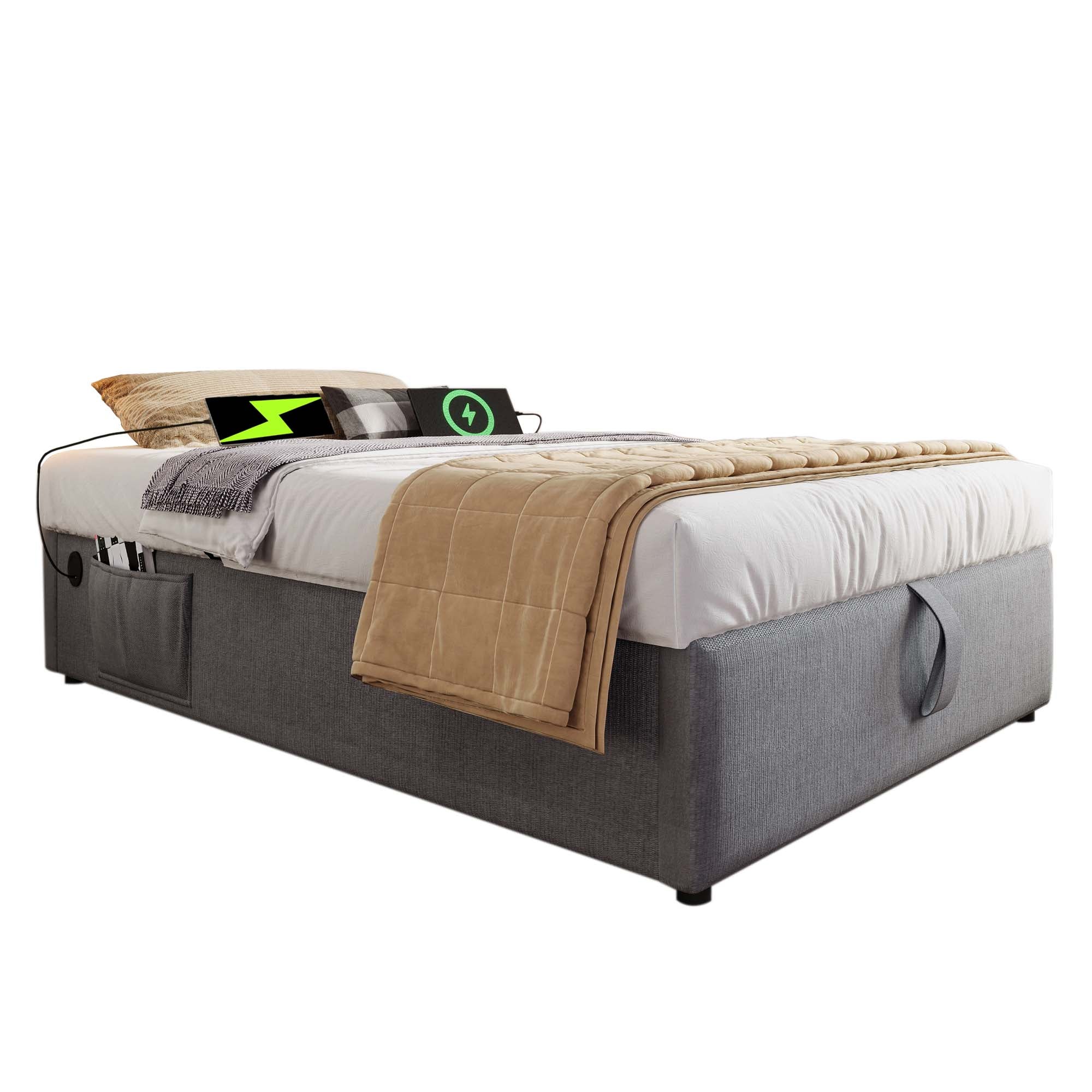 Logidon gestoffeerd bed 90x200 cm grijs met USB-C oplaadfunctie zonder hoofdeinde