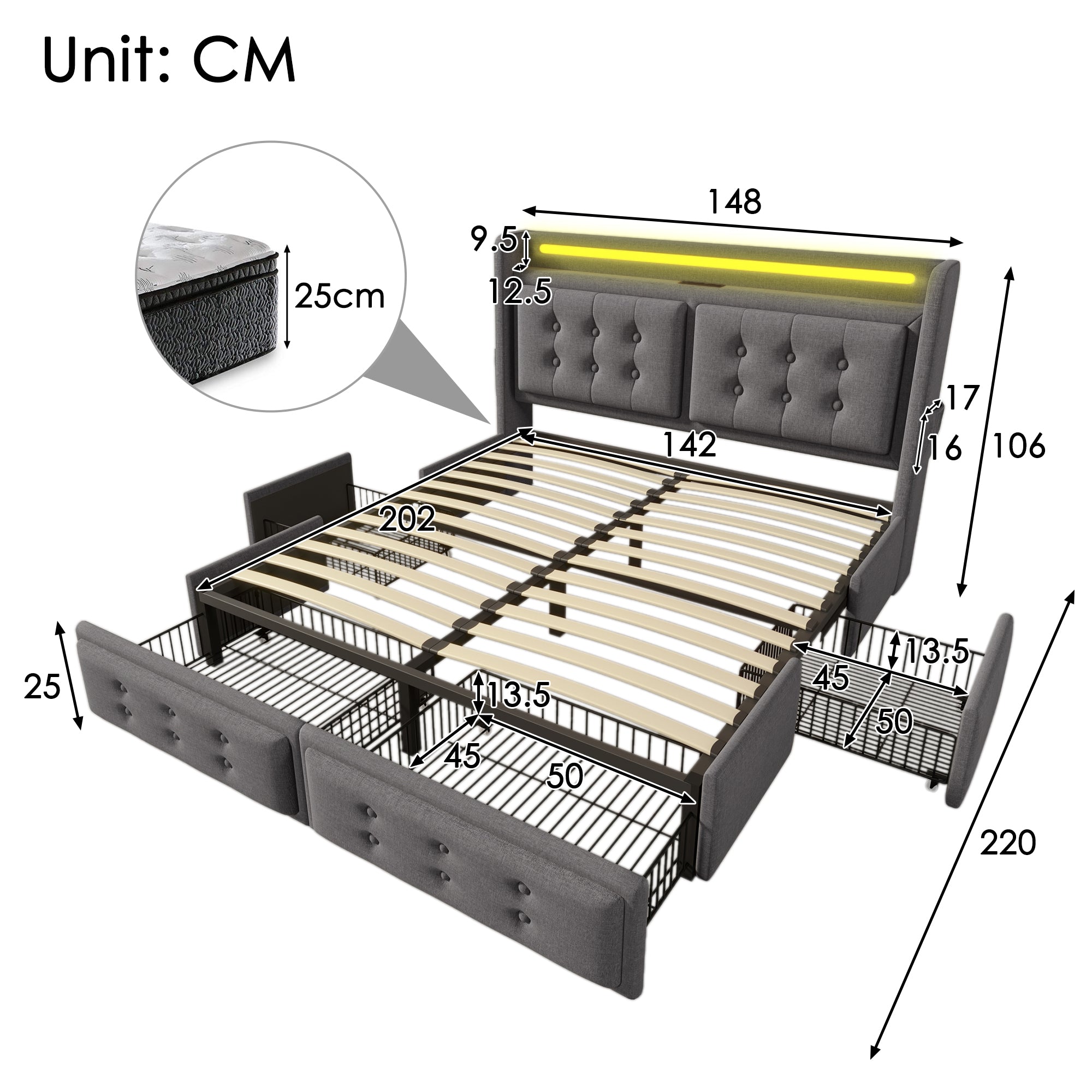 Logidon gestoffeerd bed 140x200 LED-hoofdeinde, USB-C, 4 laden, grijs