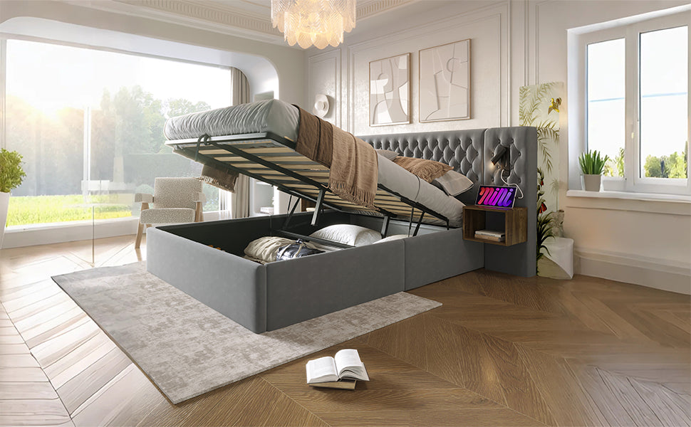 Logidon bed system hydraulic storage bed 160x200 cm gray velvet